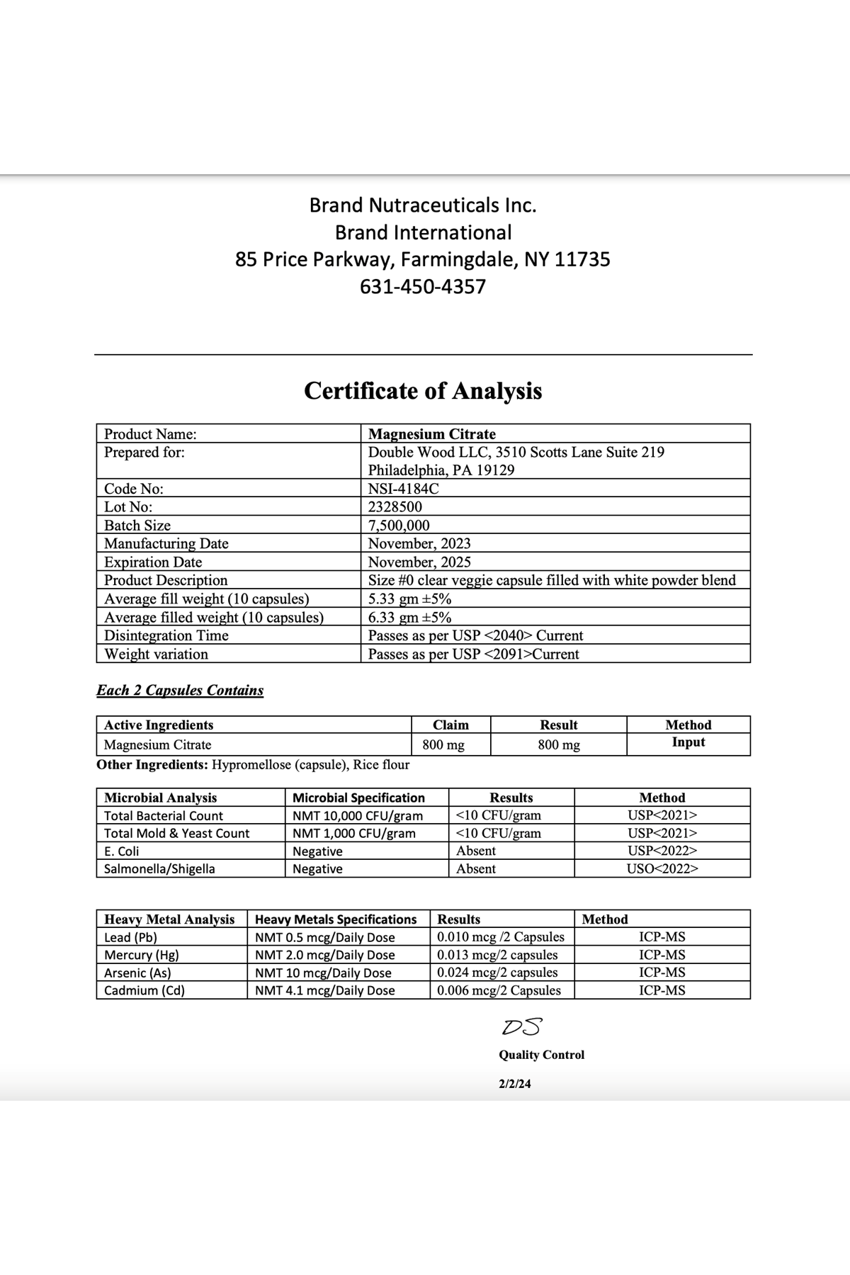 Double Wood  Magnesium Citrate 800mg 180 Capsul USA 39.