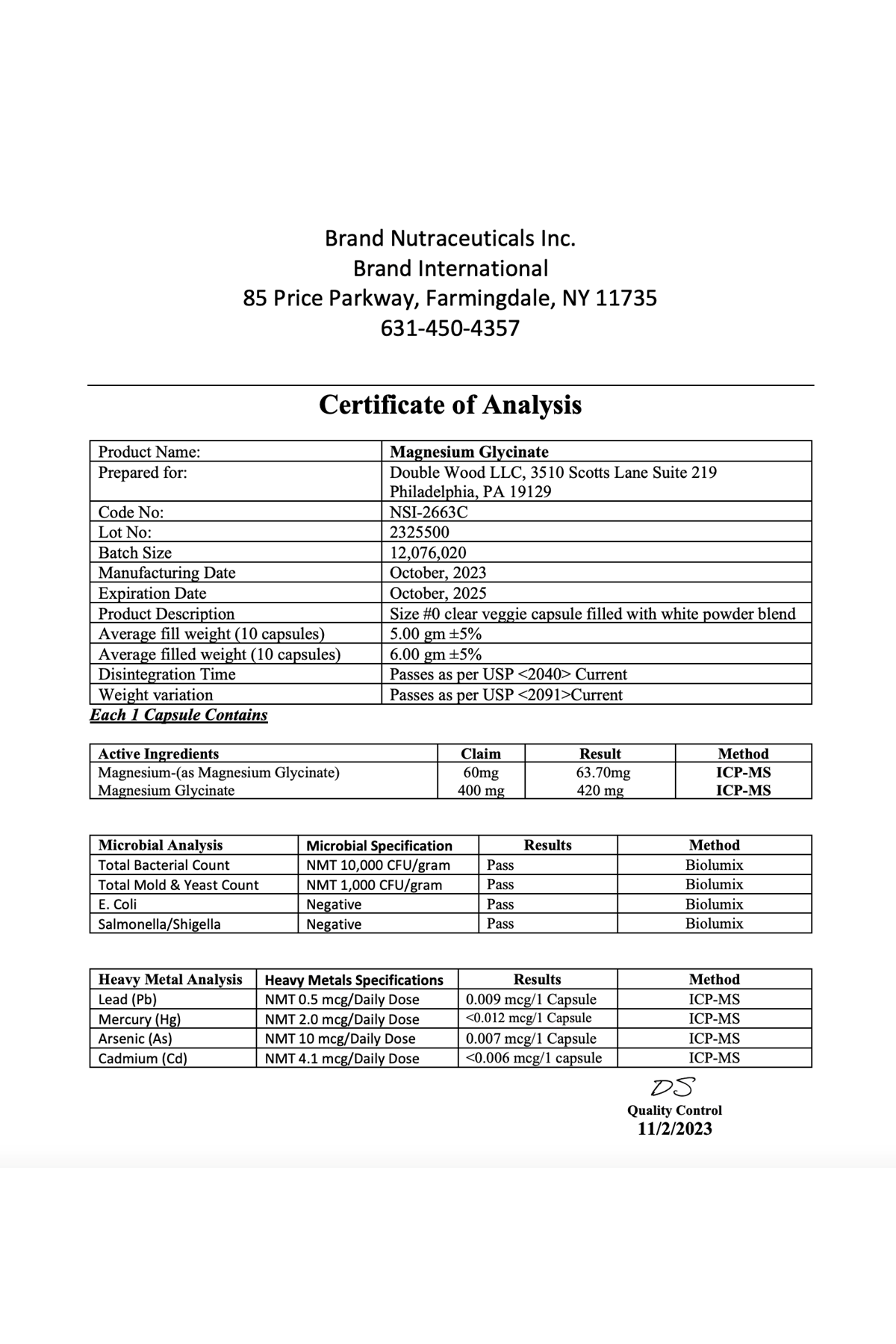 Double Wood Magnesium Glycinate 400mg, 180 Capsul.Abd Menşei.39.