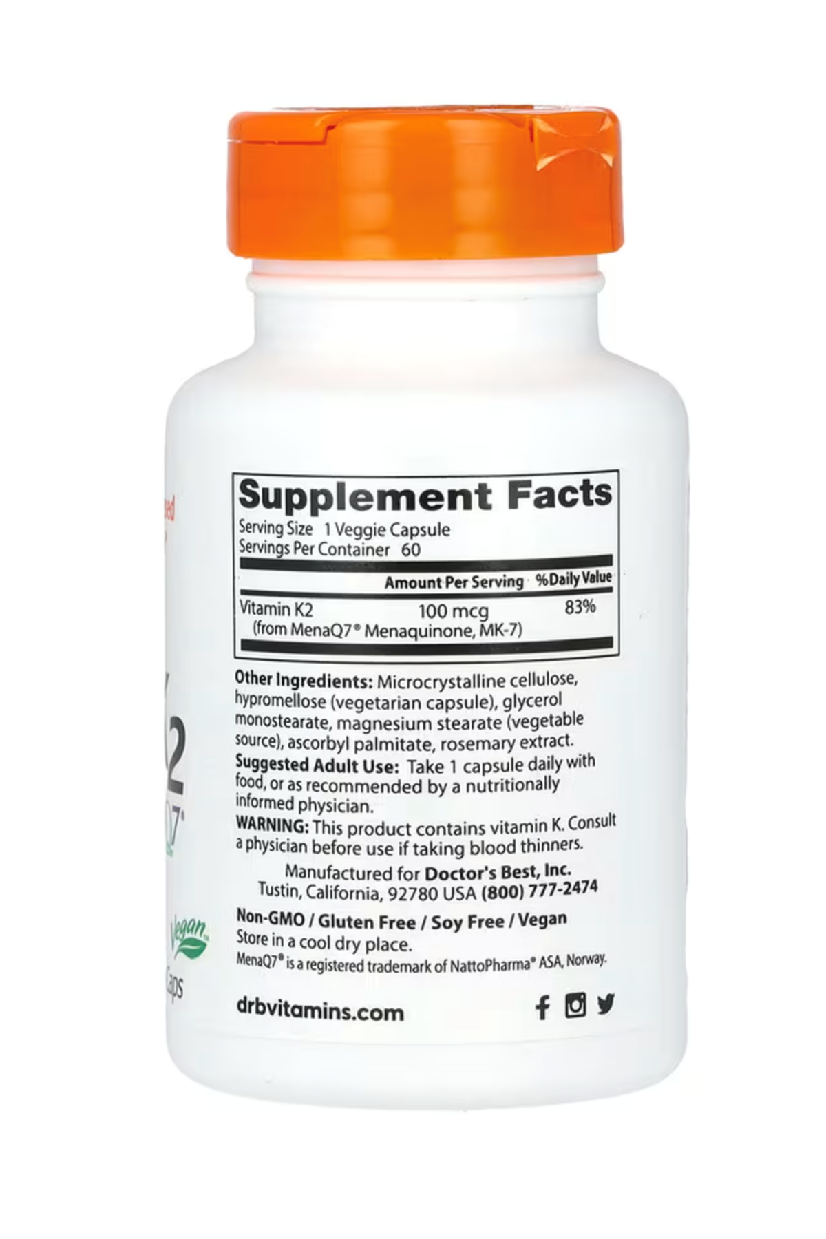 Doctor's Best, Natural Vitamin K2 MK-7 with MenaQ7, 100 mcg, 60 Veggie Capsul.USA 36.