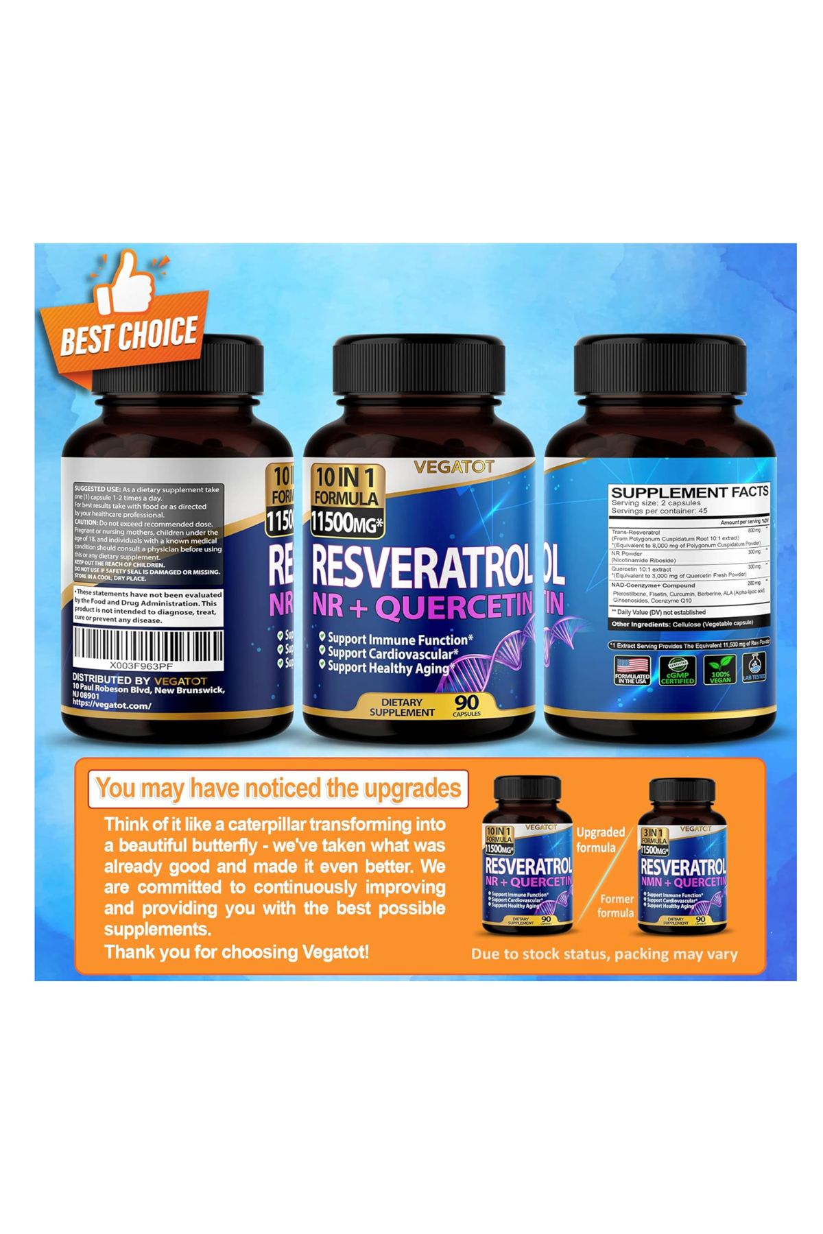 VEGATOT  High Strength Resveratrol  NAD 11,500MG with Quercetin Healthy Aging Immune Brain Boost Joint  90 Capsul.Usa Amazon Best Seller 43.
