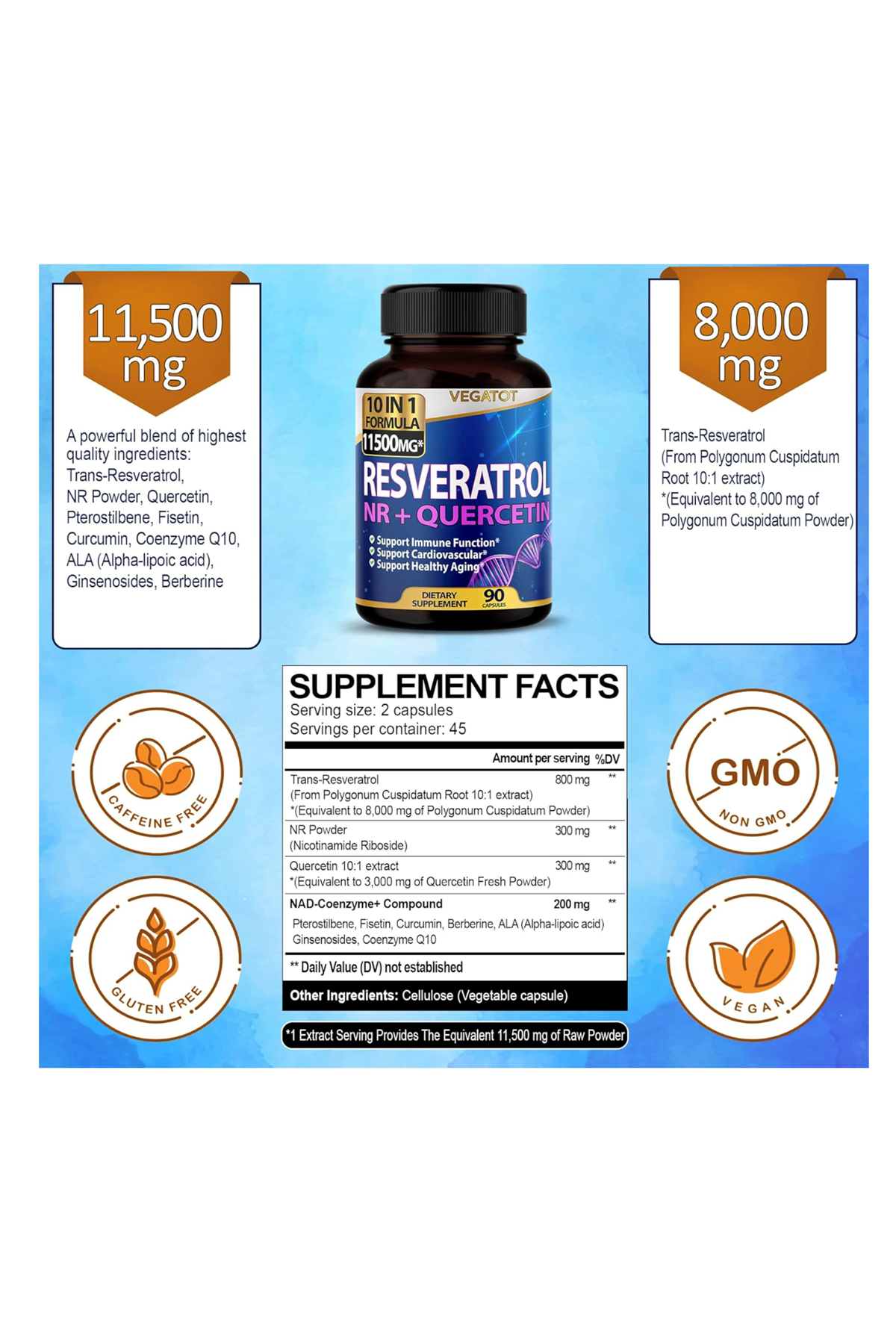 VEGATOT  High Strength Resveratrol  NAD 11,500MG with Quercetin Healthy Aging Immune Brain Boost Joint  90 Capsul.Usa Amazon Best Seller 43.
