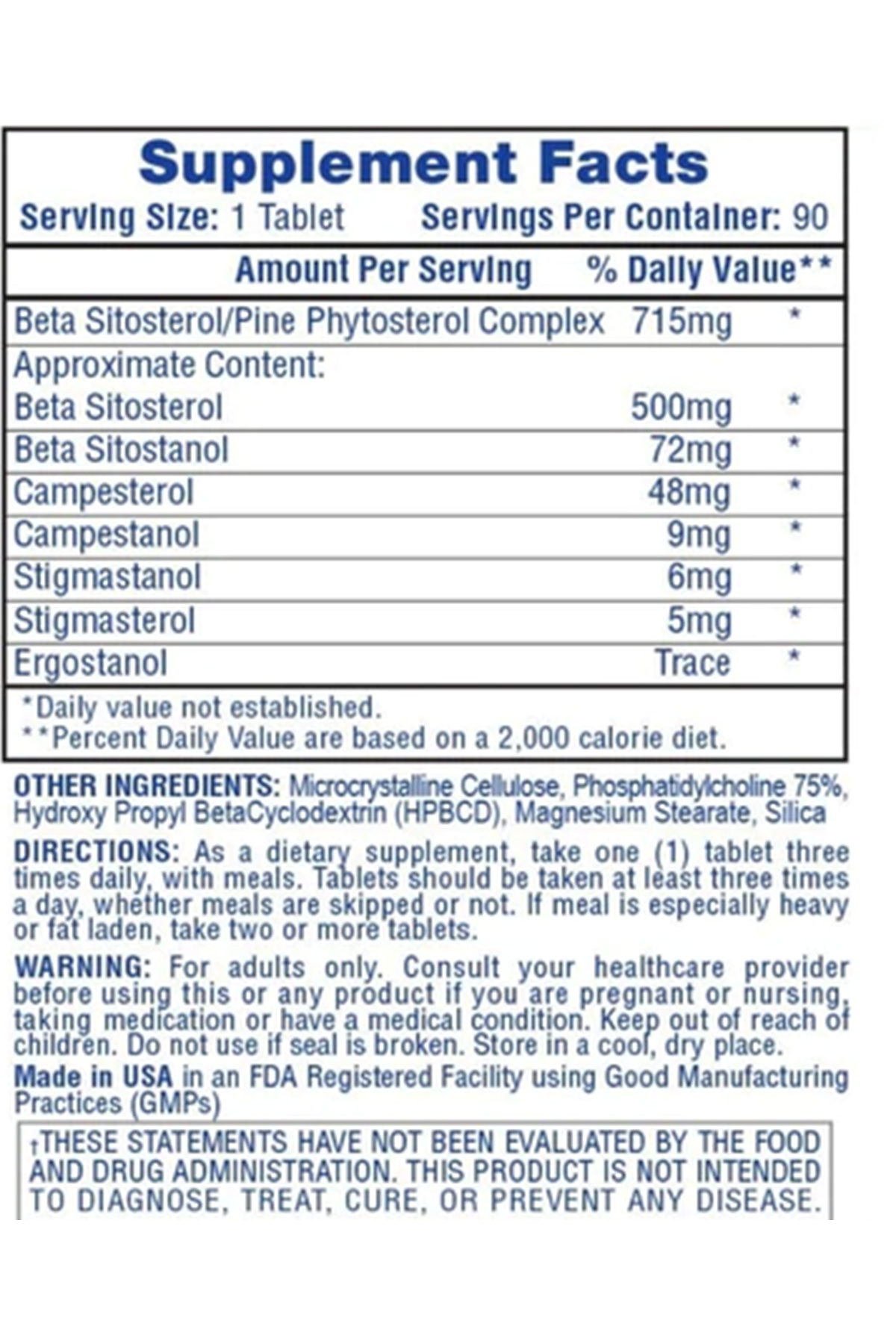 Hi-Tech Pharmaceuticals Beta Sitosterol 500mg 90 Tablets. USA.38.