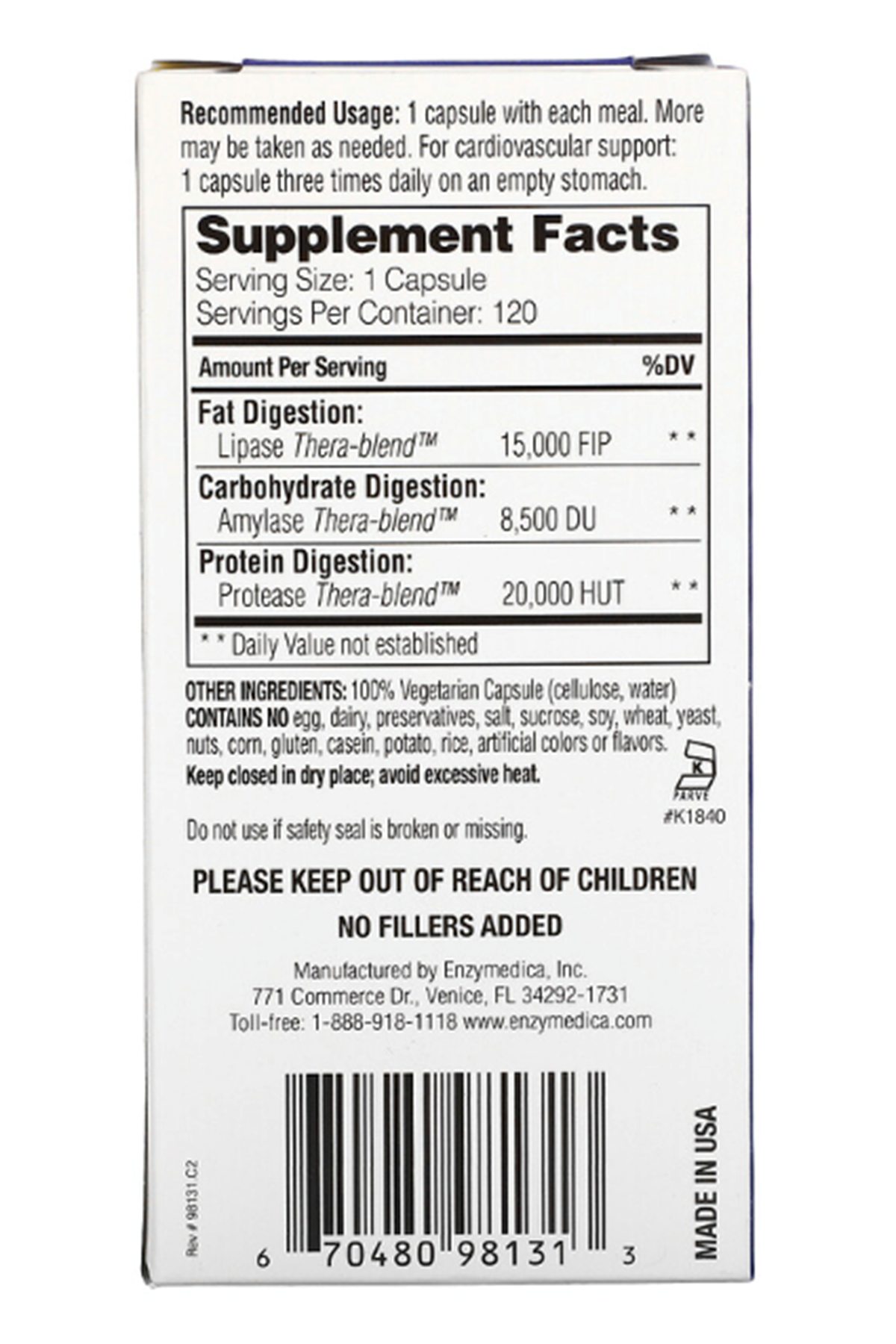 Enzymedica, Lypo Gold,120 Capsules For Fat Digestion.Usa Version.65.