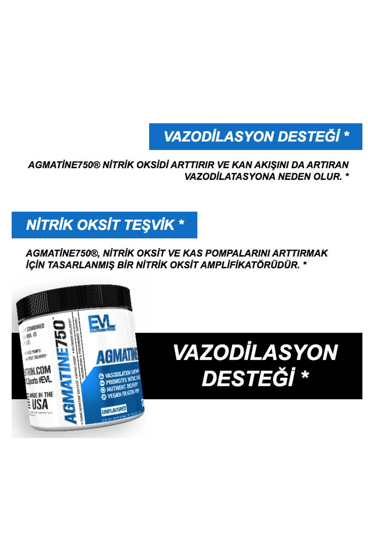 EVL Nutrition Agmatine750 , 100 Servings Unflavored. Usa Version.32.