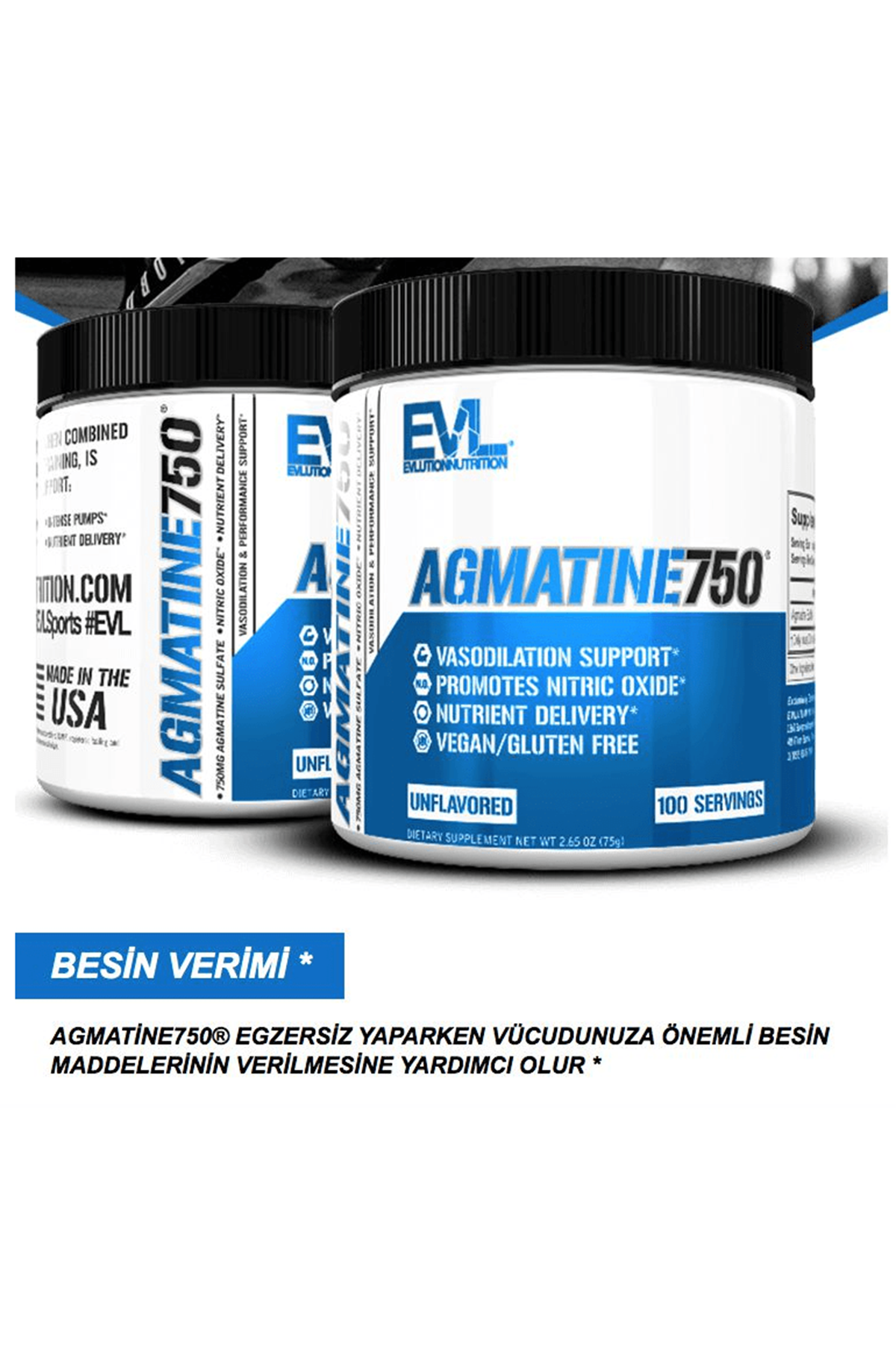 EVL Nutrition Agmatine750 , 100 Servings Unflavored. Usa Version.32.