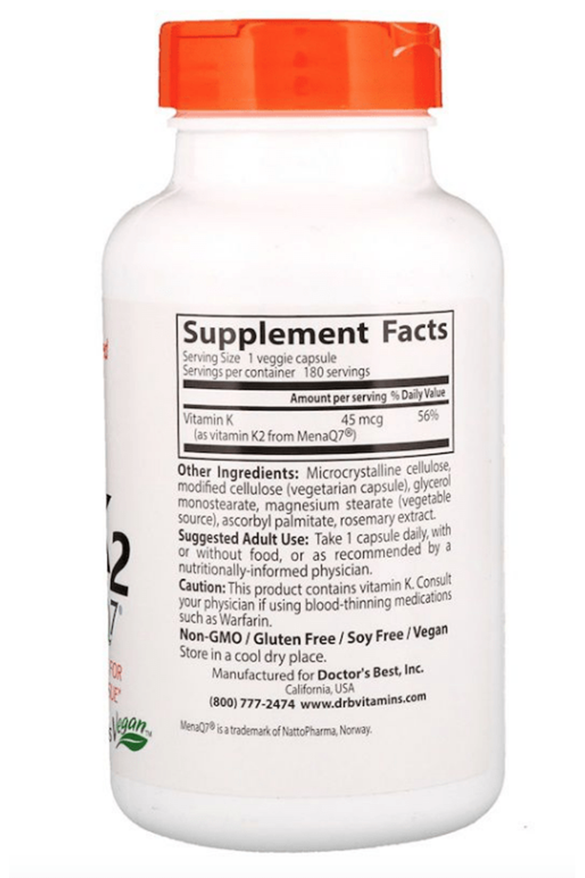 Doctor's Best, Natural Vitamin K2 MK-7 with MenaQ7, 45 mcg, 180 Veggie Capsul.USA.47.