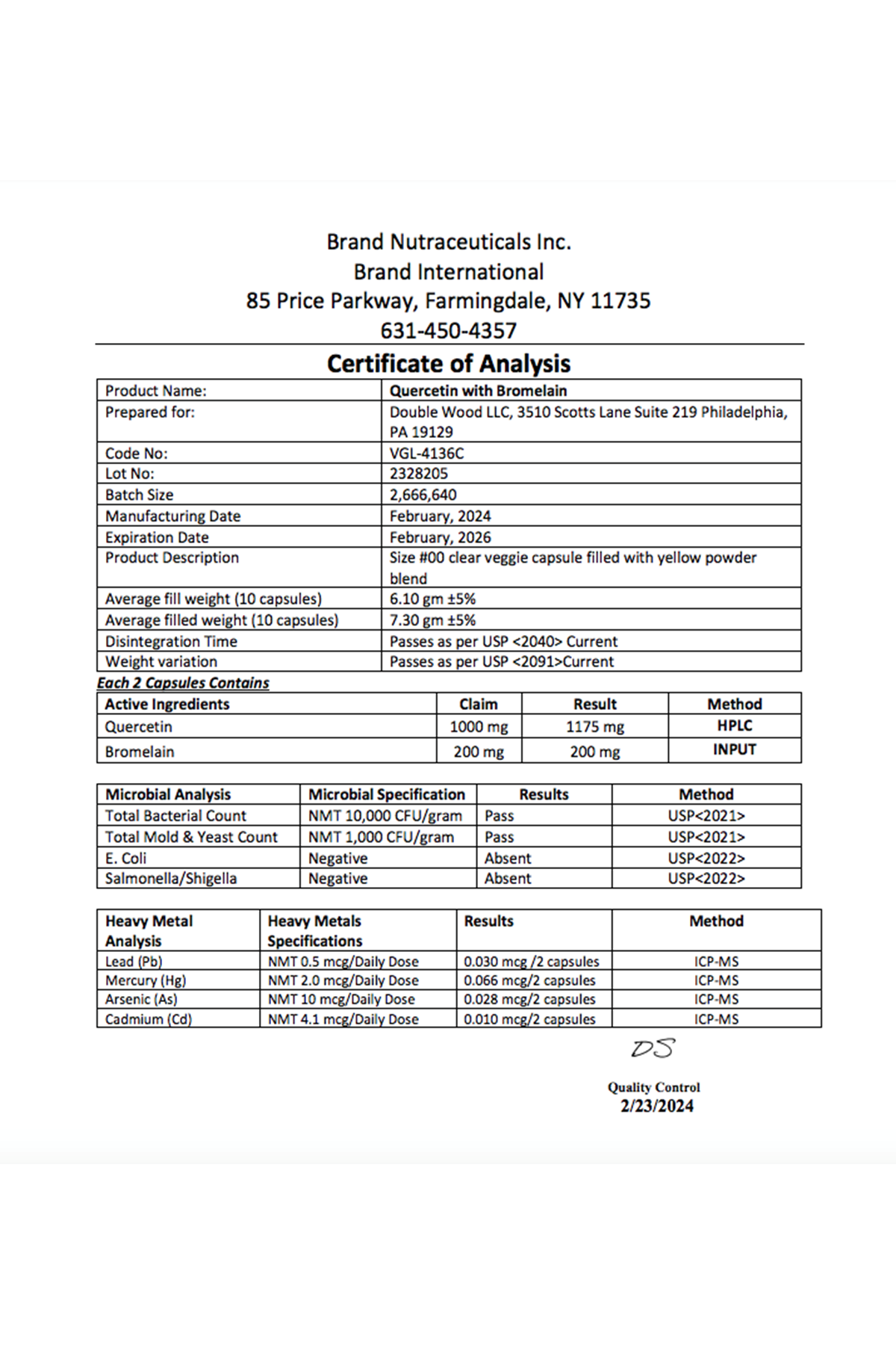 Double Wood Quercetin with Bromelain 1,200mg 120 Capsul.Usa 39.