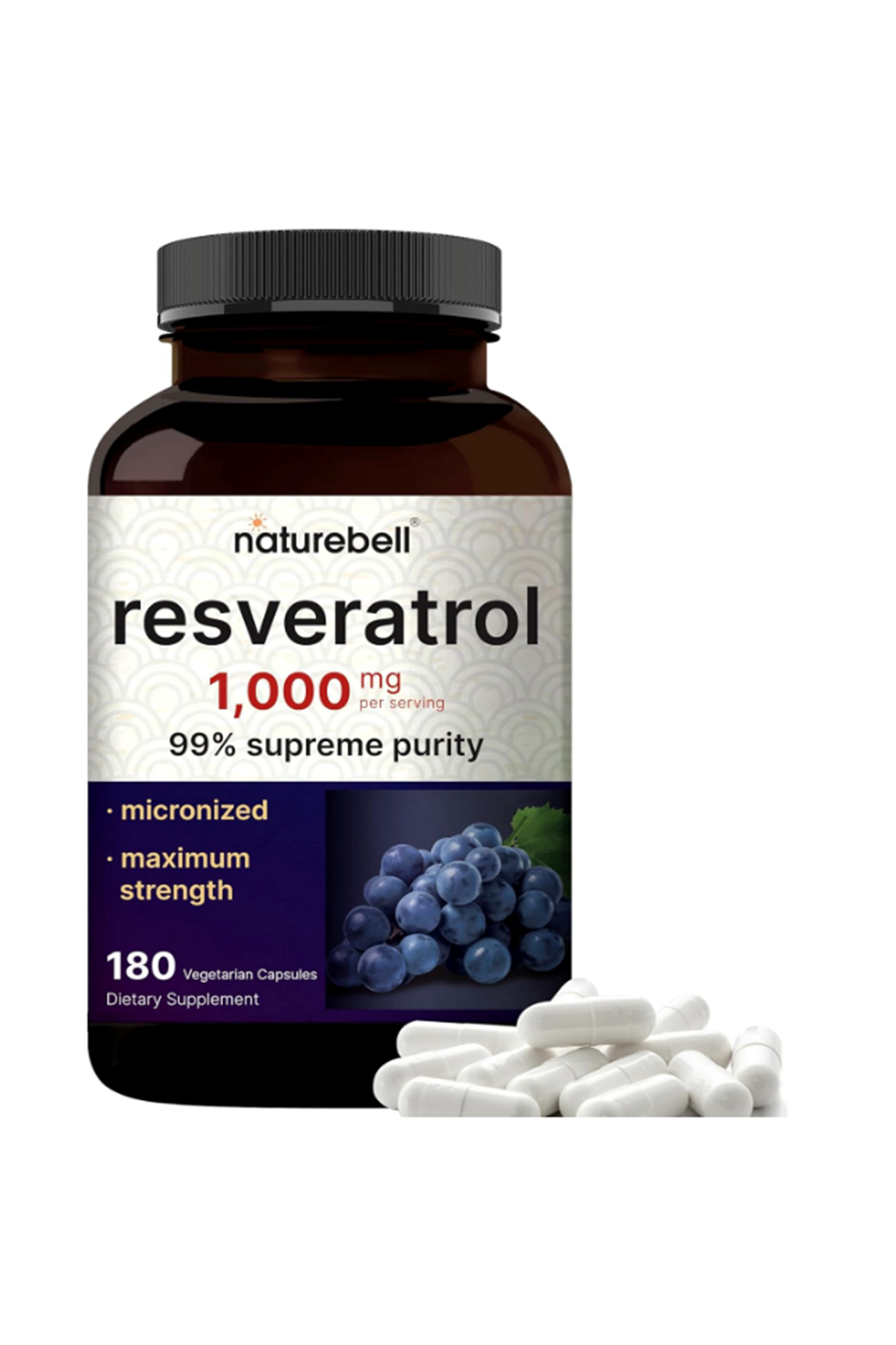 NatureBell Resveratrol 1000mg  180 Veggie Capsules, 99% Pure Trans-Resveratrol 56.