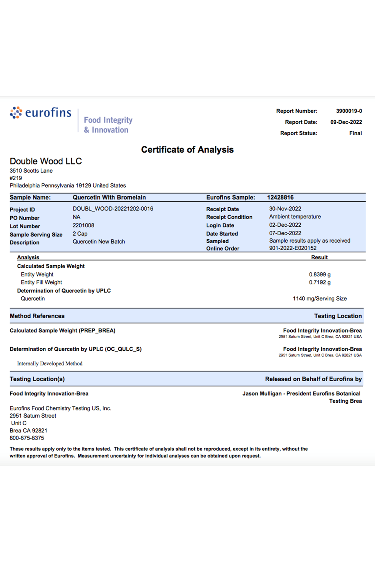 Double Wood Quercetin with Bromelain 1,200mg 120 Capsul.Usa 39.