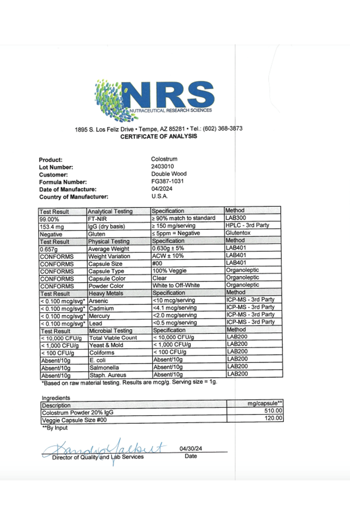 Double Wood  Colostrum  120 Capsules 1,000mg  ABD MENŞEİ.40.