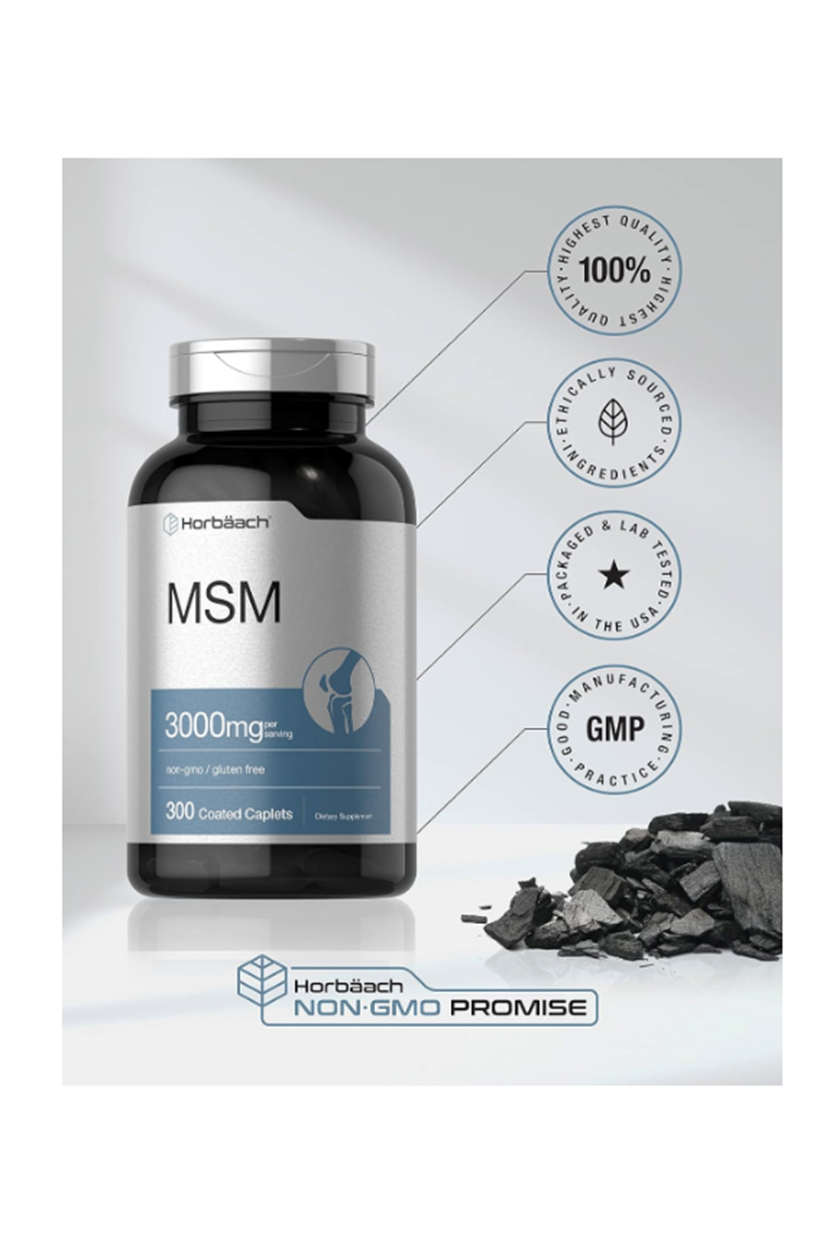 Horbäach MSM  3000mg  300 Coated Tablet  Methylsulfonylmethane with Calcium Vegetarian, Non-GMO, Gluten Free.52.