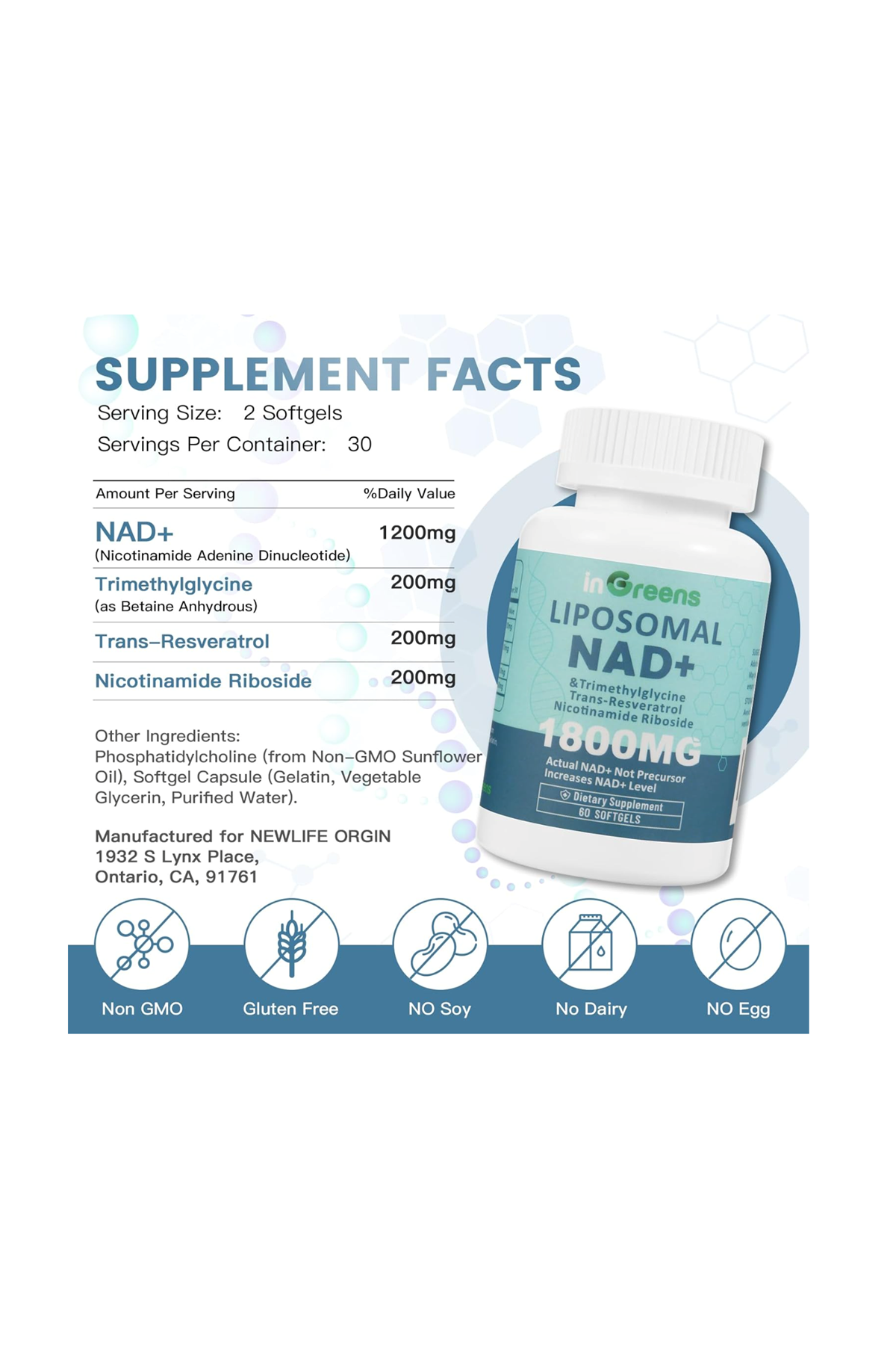 inGreens Liposomal NAD+1800mg  Resveratrol+TMG 60 Softgel.Usa Menşei.51.
