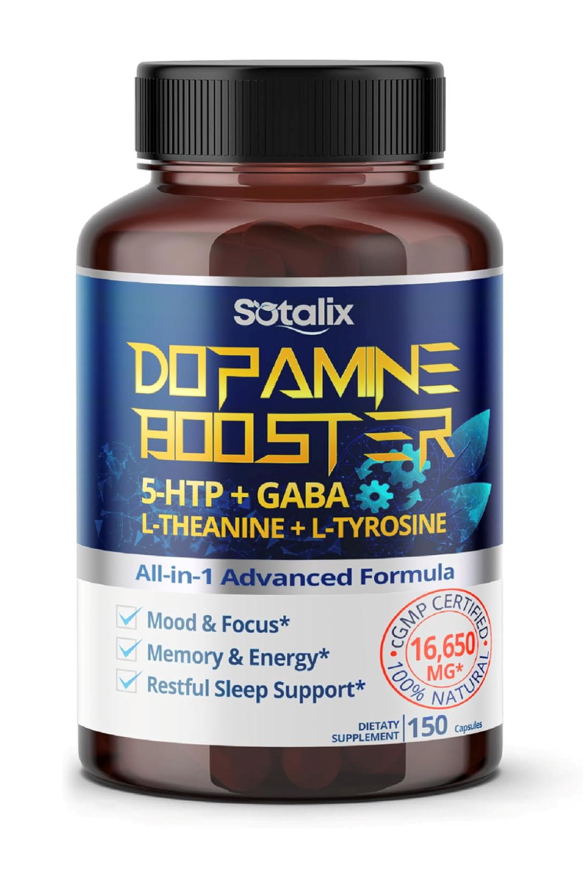 SOTALIX Dopamıne Booster 5-HTP + GA.BA 16,650mg With L-Theanine + L-Tyrosine - Mood Focus, Memory Energy -150 Capsul. Usa Amazon Best Seller.44.