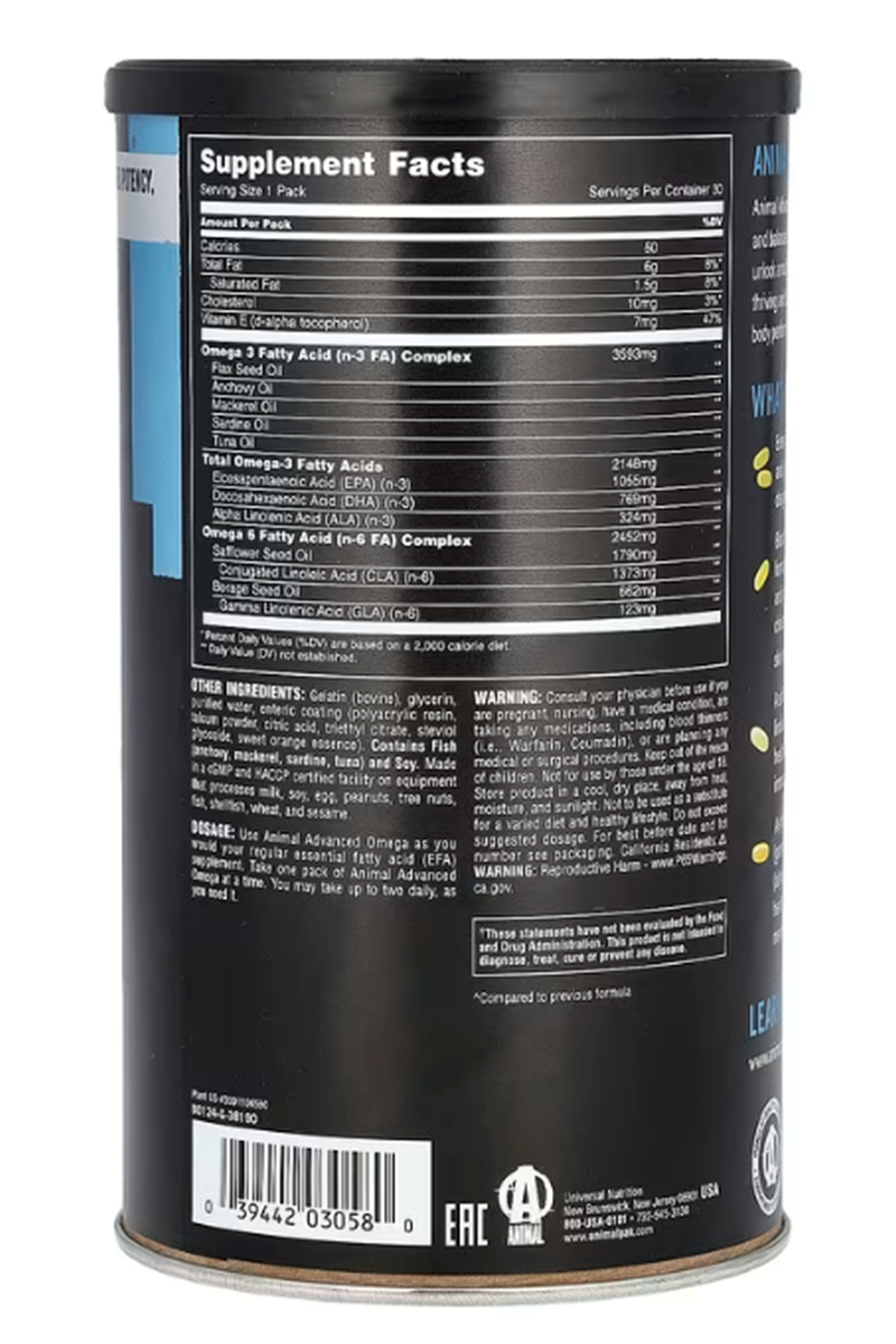 Animal, Advanced Omega-3 & EFAS Pill Packs, 30 Packs.Usa Menşei.66.