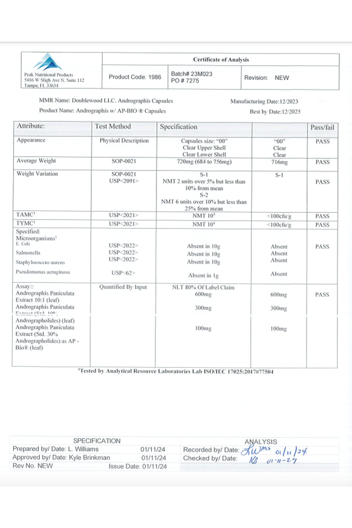 Double Wood Andrographis 1000mg  120 Capsul.39.