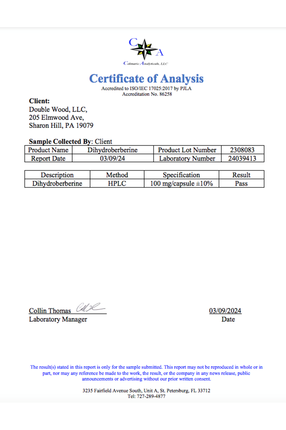 Double Wood Dihydroberberine 100mg, 60 Capsul. Abd.40.