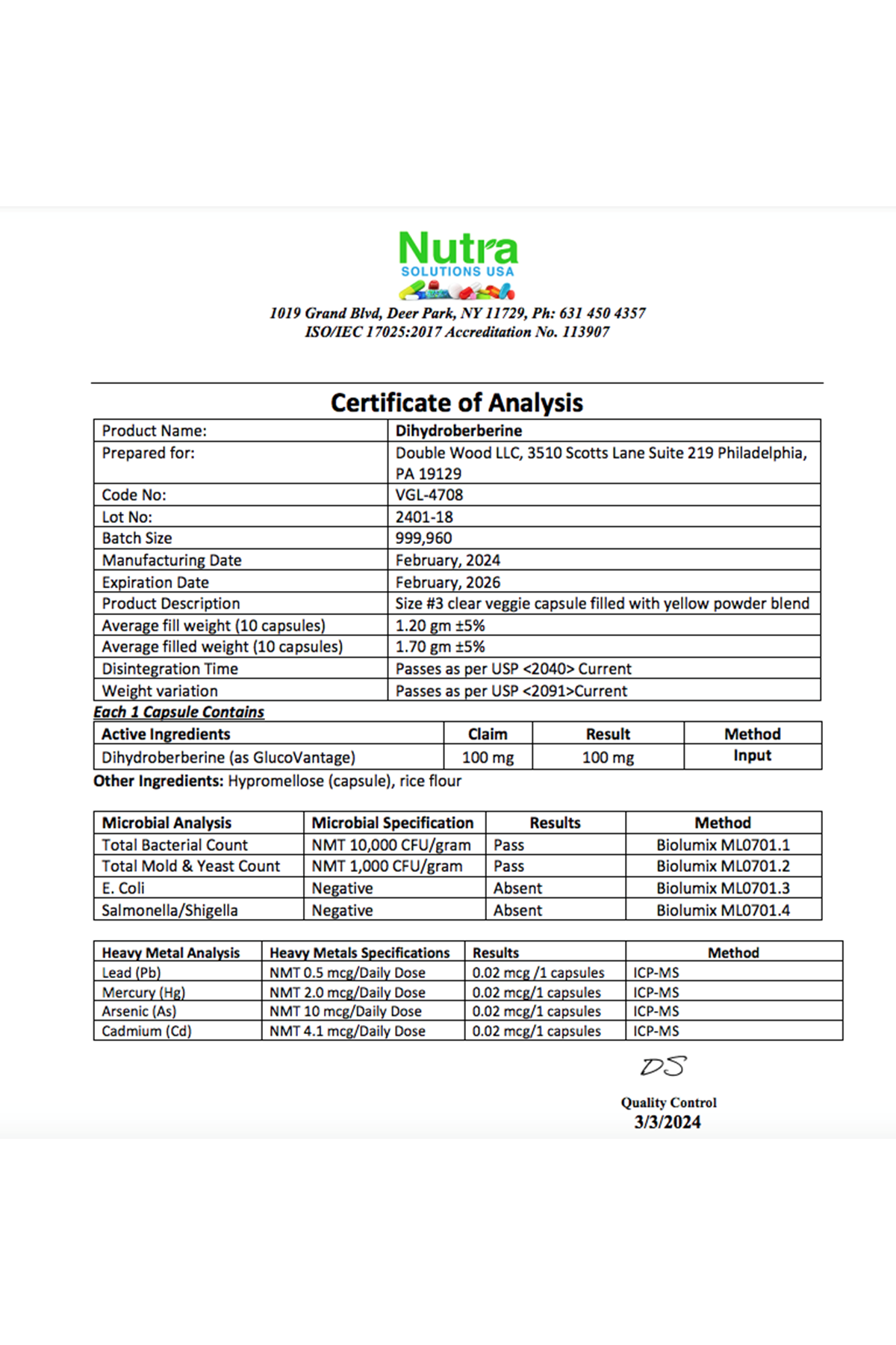 Double Wood Dihydroberberine 100mg, 60 Capsul. Abd.40.