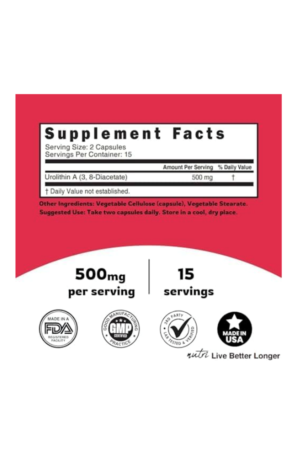 Nature's Fusions Nutri Urolithin A Diacetate 500mg 30 Veg Capsul.Usa Menşei.60.