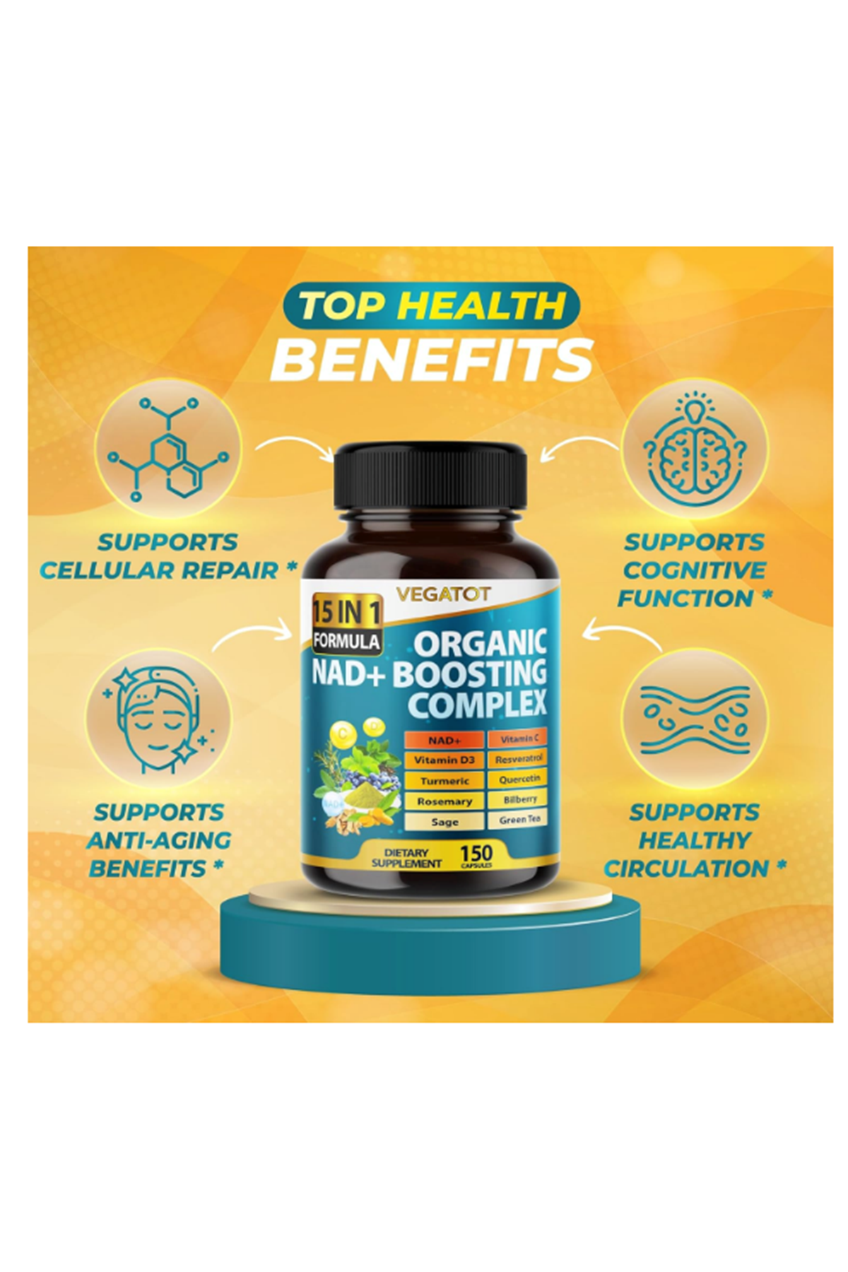 VEGATOT Organic NAD+ Boosting Complex 150 Capsul with Resveratrol, Turmeric, Quercetin, Rosemary Bilberry Sage Green Tea.Usa Menşei.44.