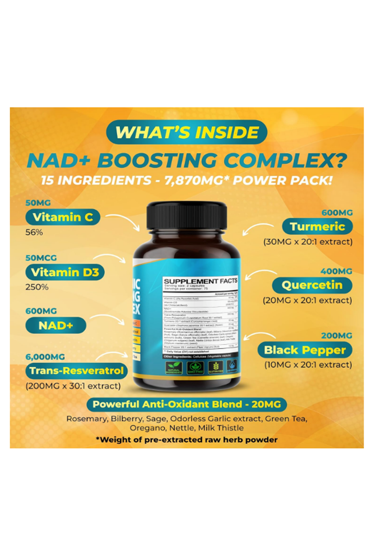 VEGATOT Organic NAD+ Boosting Complex 150 Capsul with Resveratrol, Turmeric, Quercetin, Rosemary Bilberry Sage Green Tea.Usa Menşei.44.