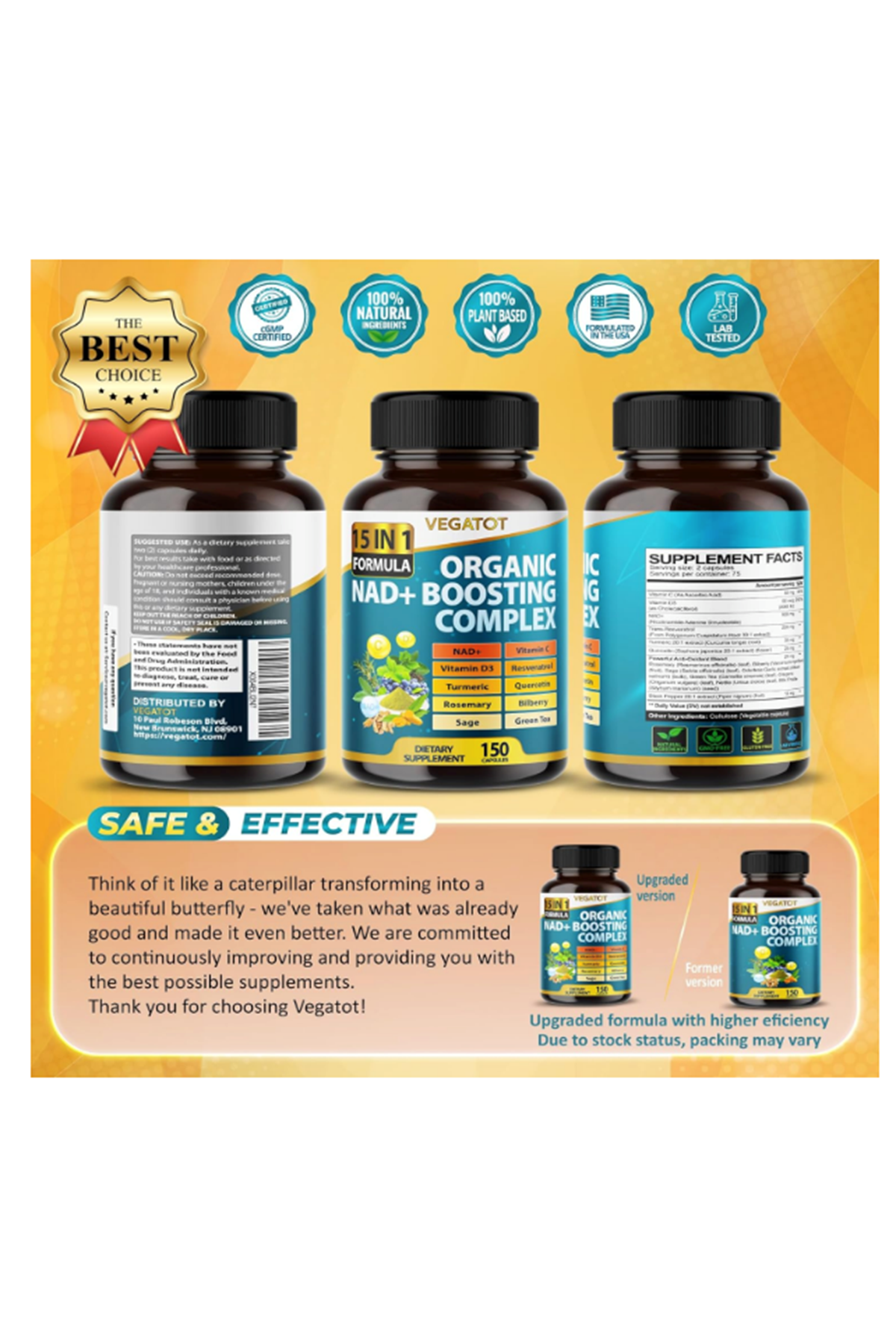 VEGATOT Organic NAD+ Boosting Complex 150 Capsul with Resveratrol, Turmeric, Quercetin, Rosemary Bilberry Sage Green Tea.Usa Menşei.44.