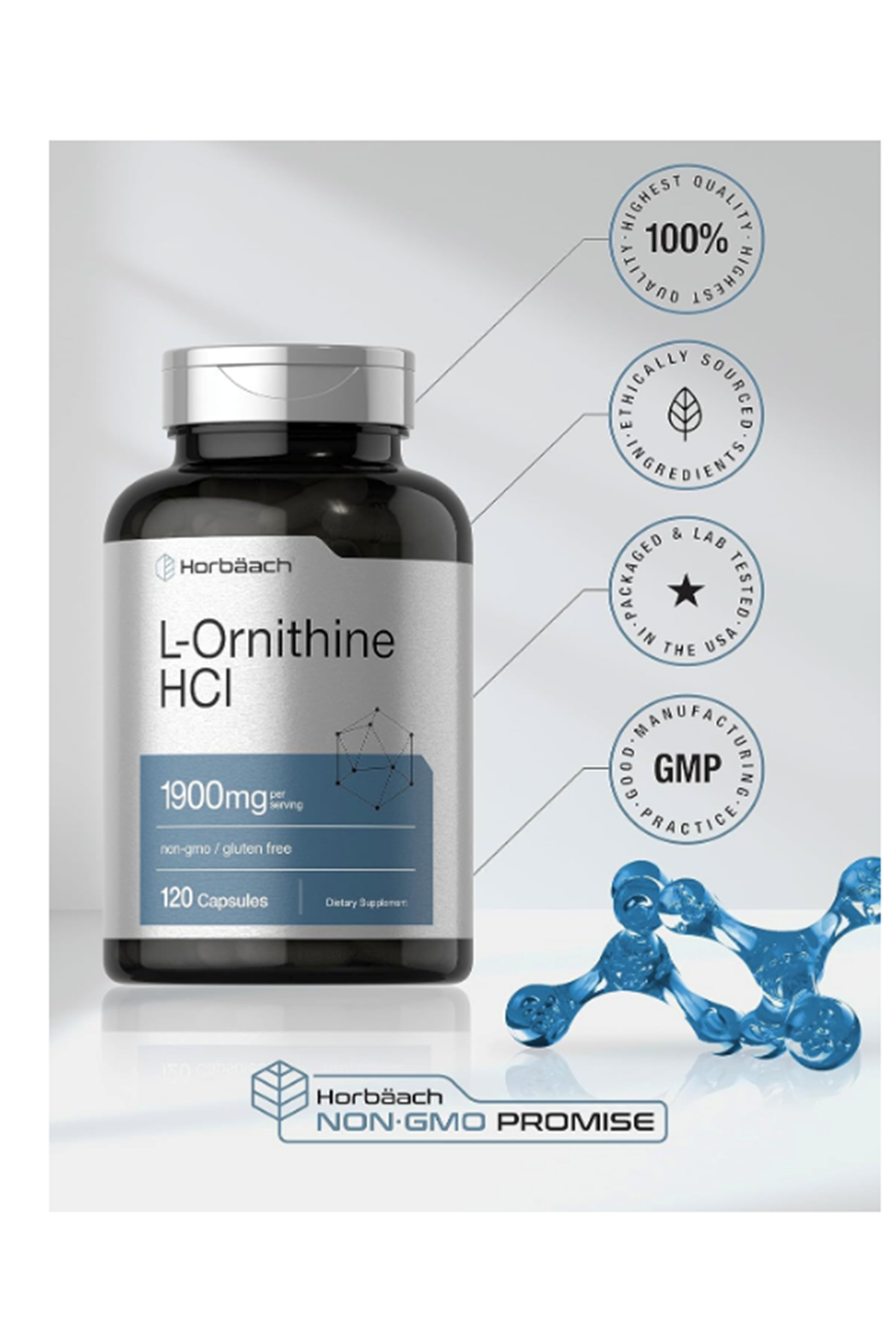 Horbäach L Ornithine HCl  1900mg  120 Quick Release Capsul.Made ın Usa.42.