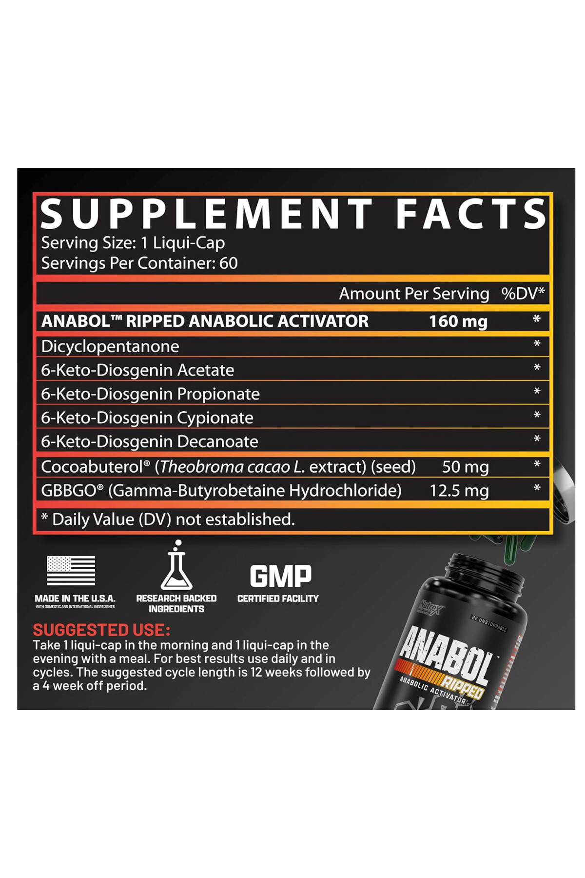 Nutrex  Anabol Ripped Anabolic Muscle Builder for Men, 2-in-1 Muscle Builder and Shredding, 60 Capsul.Made ın Usa.43.