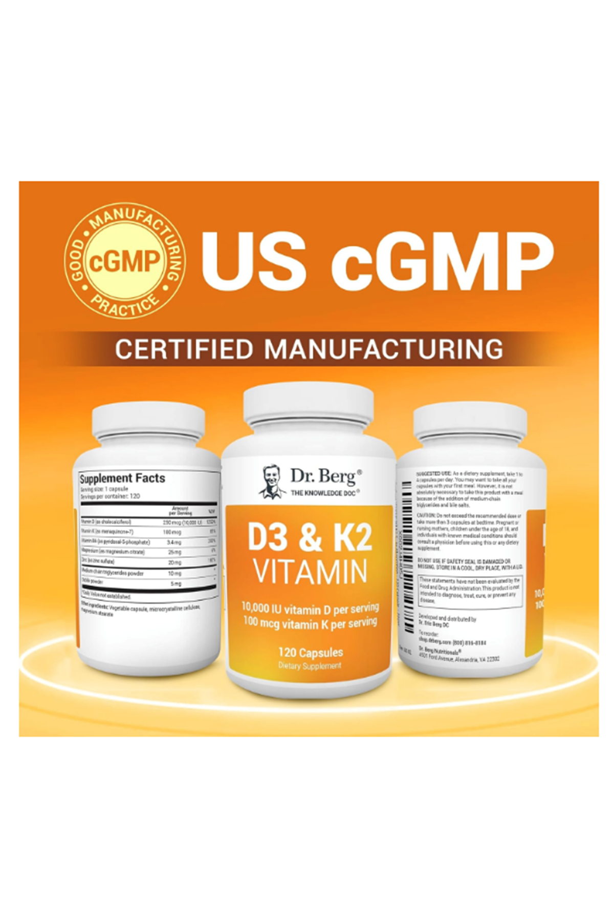 Dr. Berg Vitamin D3 K2 120 Capsul  w/MCT Powder - Includes 10,000 IU of Vitamin D3, 100 mcg MK7 Vitamin K2, Purified Bile Salts, Zinc & Magnesium for Ultimate Absorption.62.