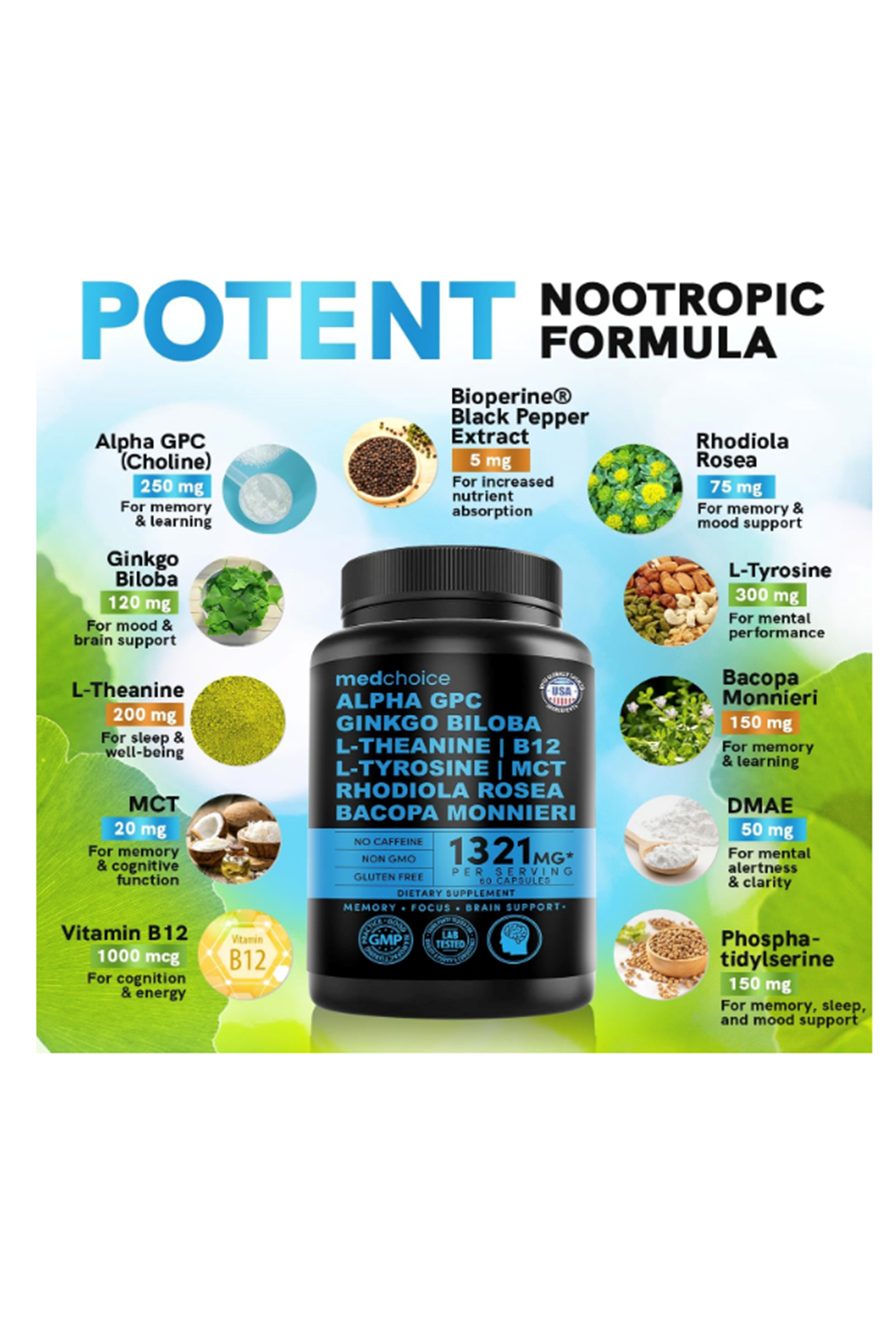 MEDCHOICE Nootropic Brain Memory Focus Ginkgo Biloba 1321mg  60 Capsul.