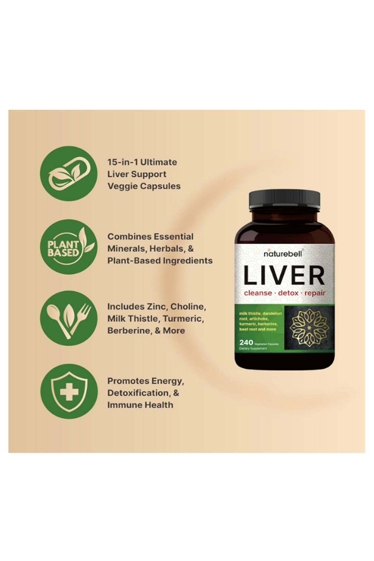 NatureBell  Liver Cleanse Detox  Repair, (240 Veggie Capsul)  Milk Thistle, Dandelion Root, Artichoke,Turmeric, Black Currant Oil.Made ın Usa.49.