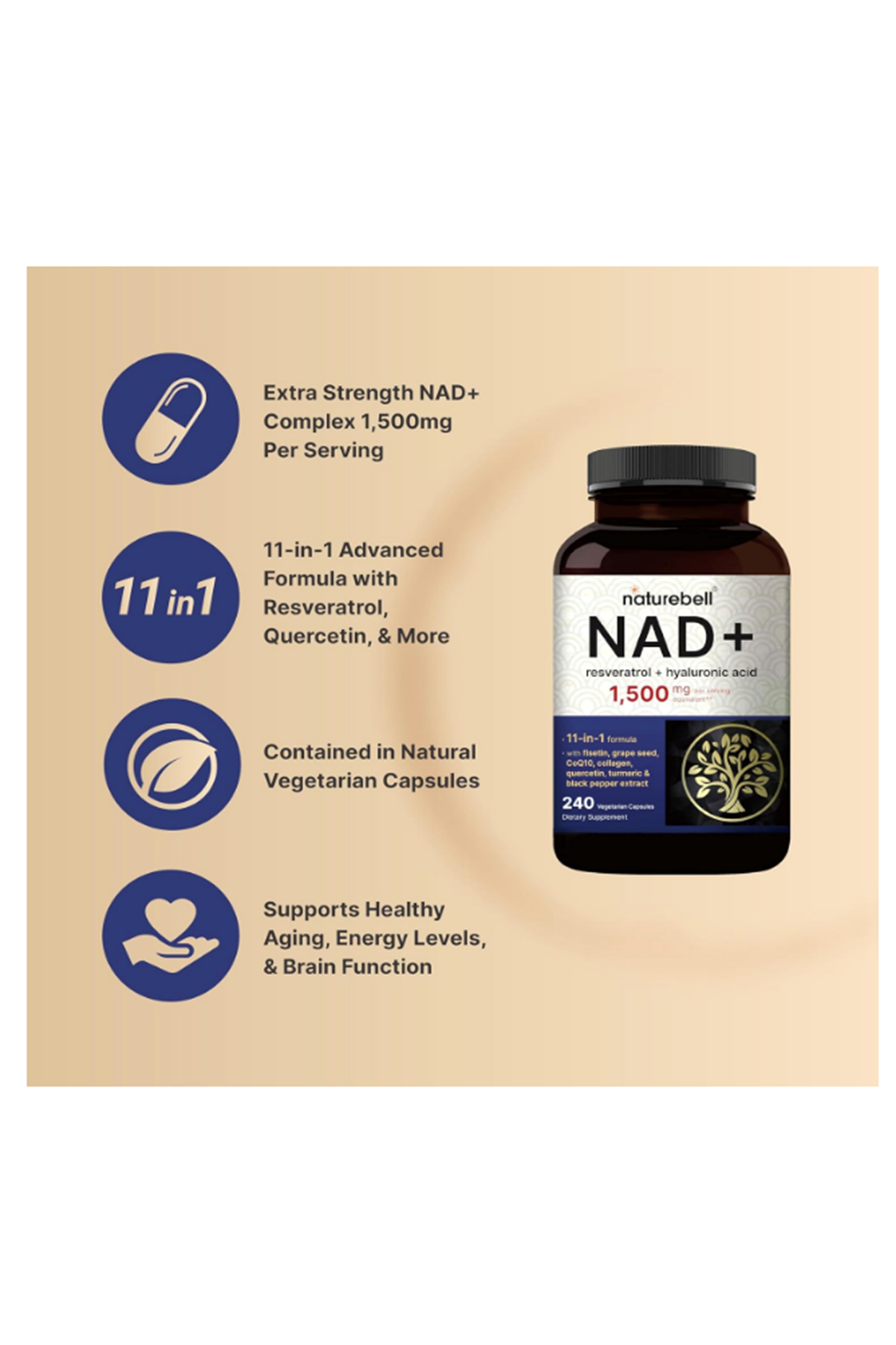 NatureBell NAD+ 1,500mg  240 Veggie Capsul Complex Resveratrol Hyaluronic Acid, Quercetin, Fisetin, Collagen, More – Nicotinamide.56.