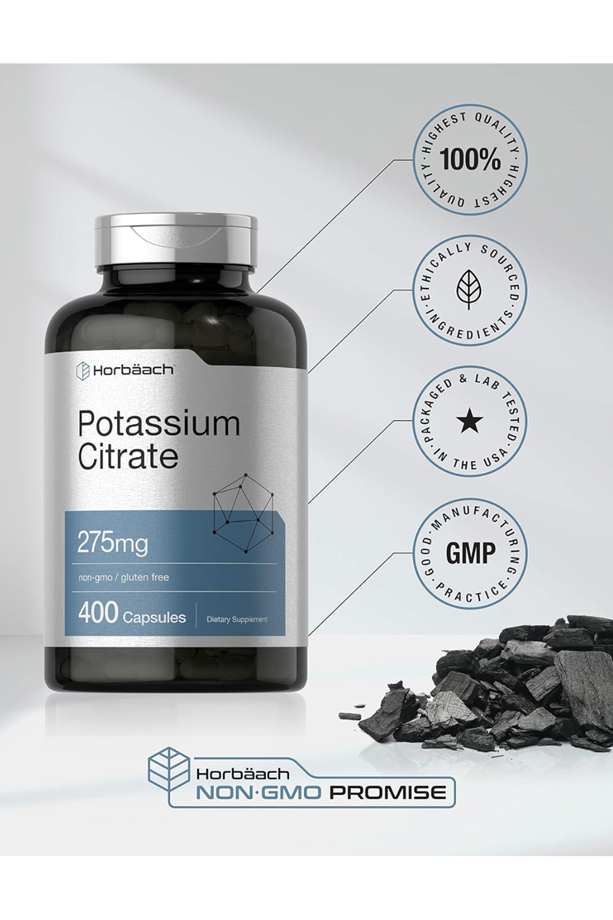 Horbaach Potassium Citrate 275 mg 400 Capsules Non-GMO, Gluten Free.45.