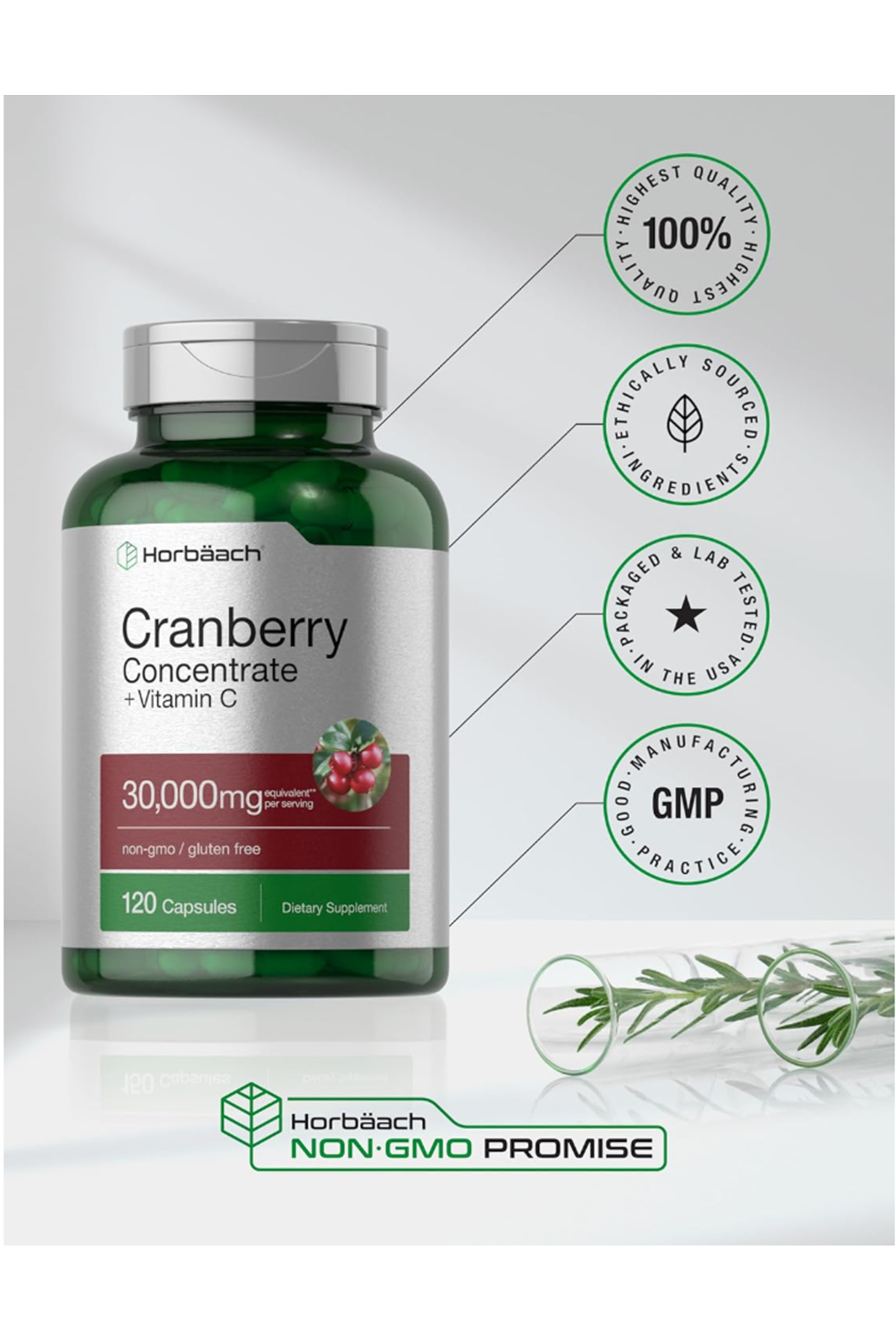 Horbaach Cranberry Concentrate Extract + Vitamin C 30,000mg 120 Capsules Non-GMO and Gluten Free.37.