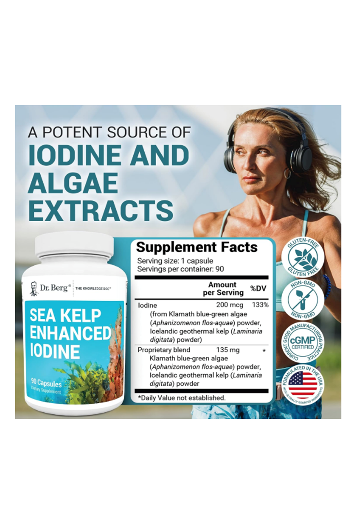 Dr. Berg  Sea Kelp - 200mcg  Premium Iodine - Blend Includes Klamath Blue-Green Algae - 90 Capsules.57