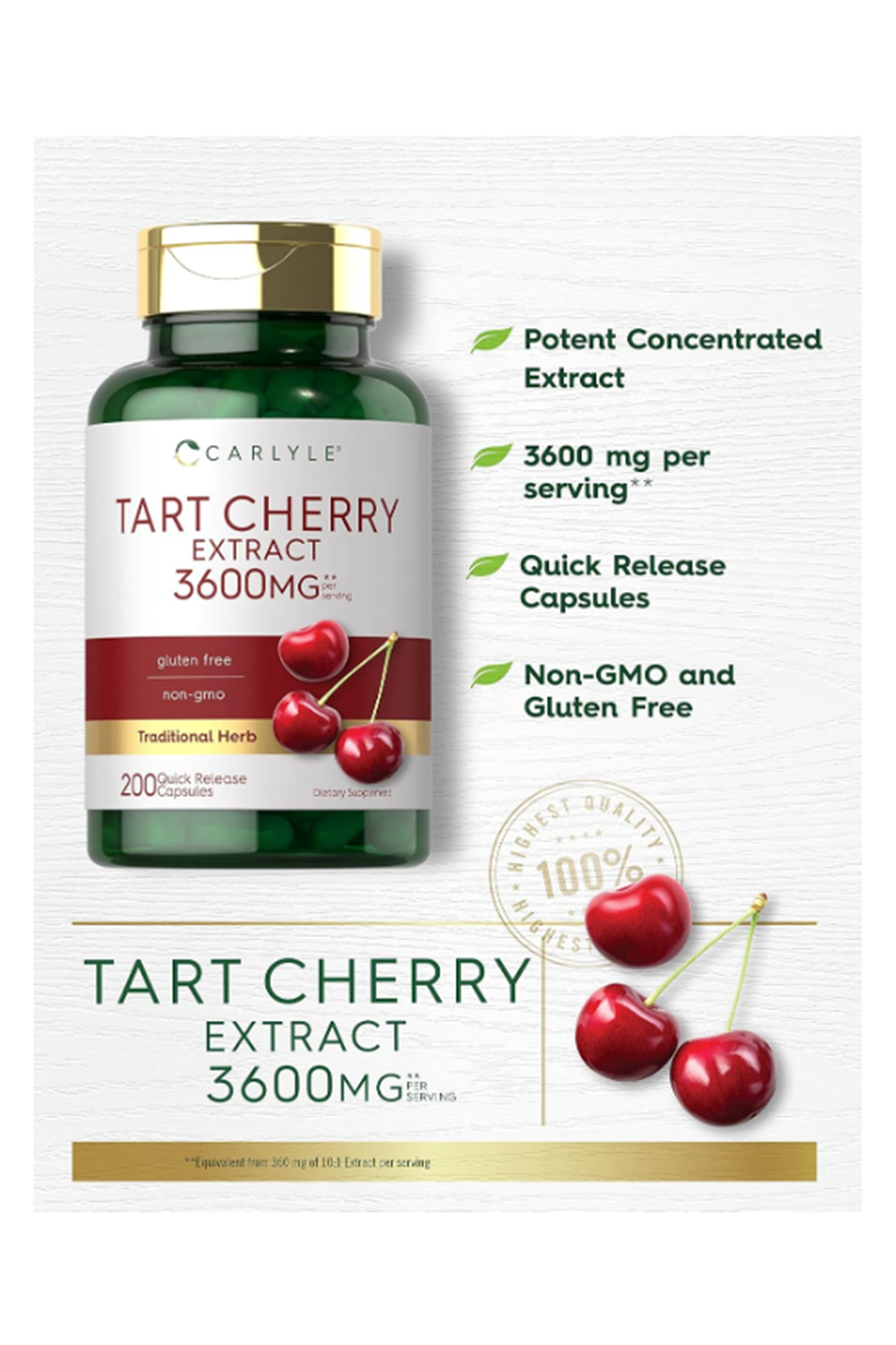 Carlyle Tart Cherry Extract Capsules - 3,600mg -  200 Release Capsul.Made ın Usa.