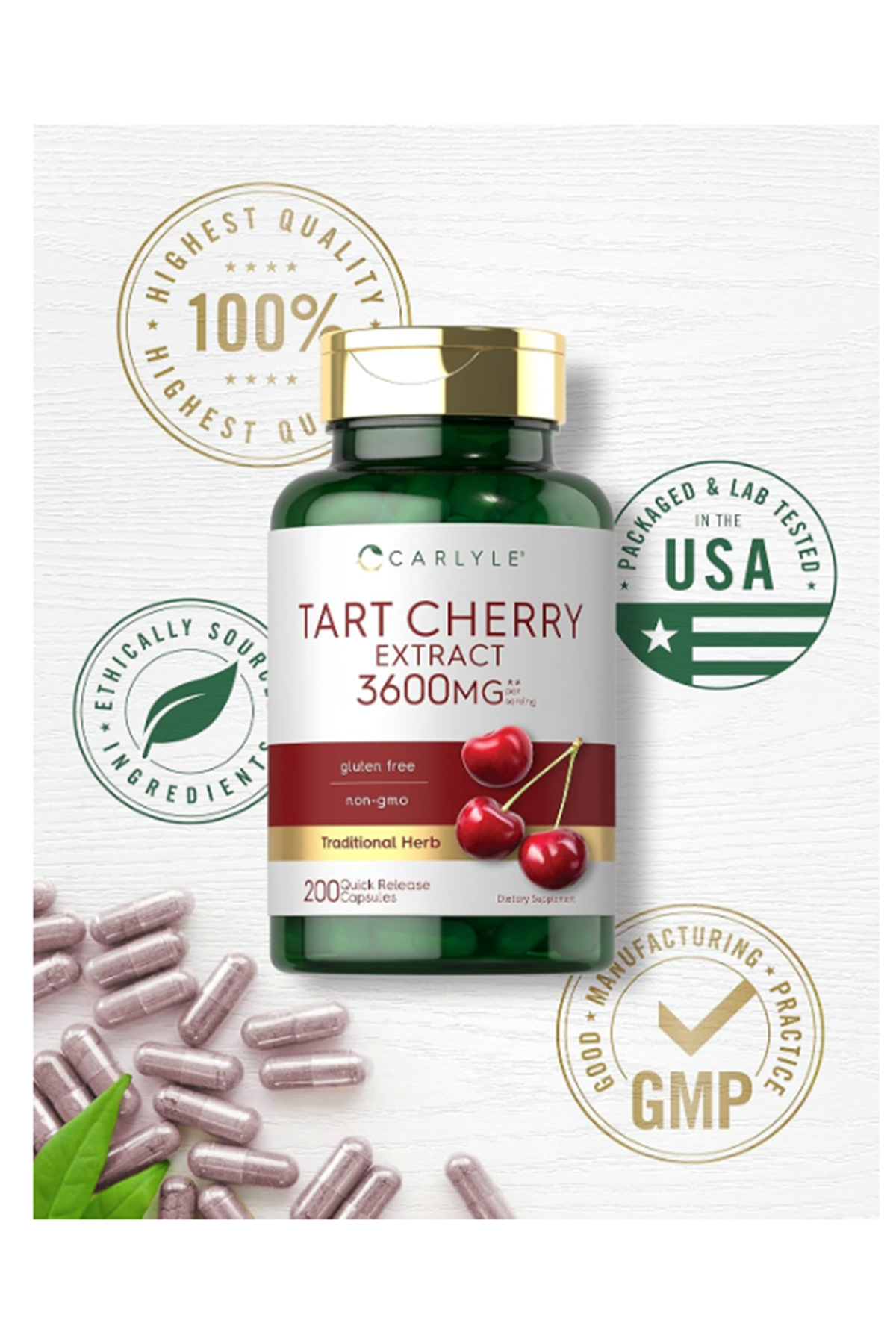 Carlyle Tart Cherry Extract Capsules - 3,600mg -  200 Release Capsul.Made ın Usa.