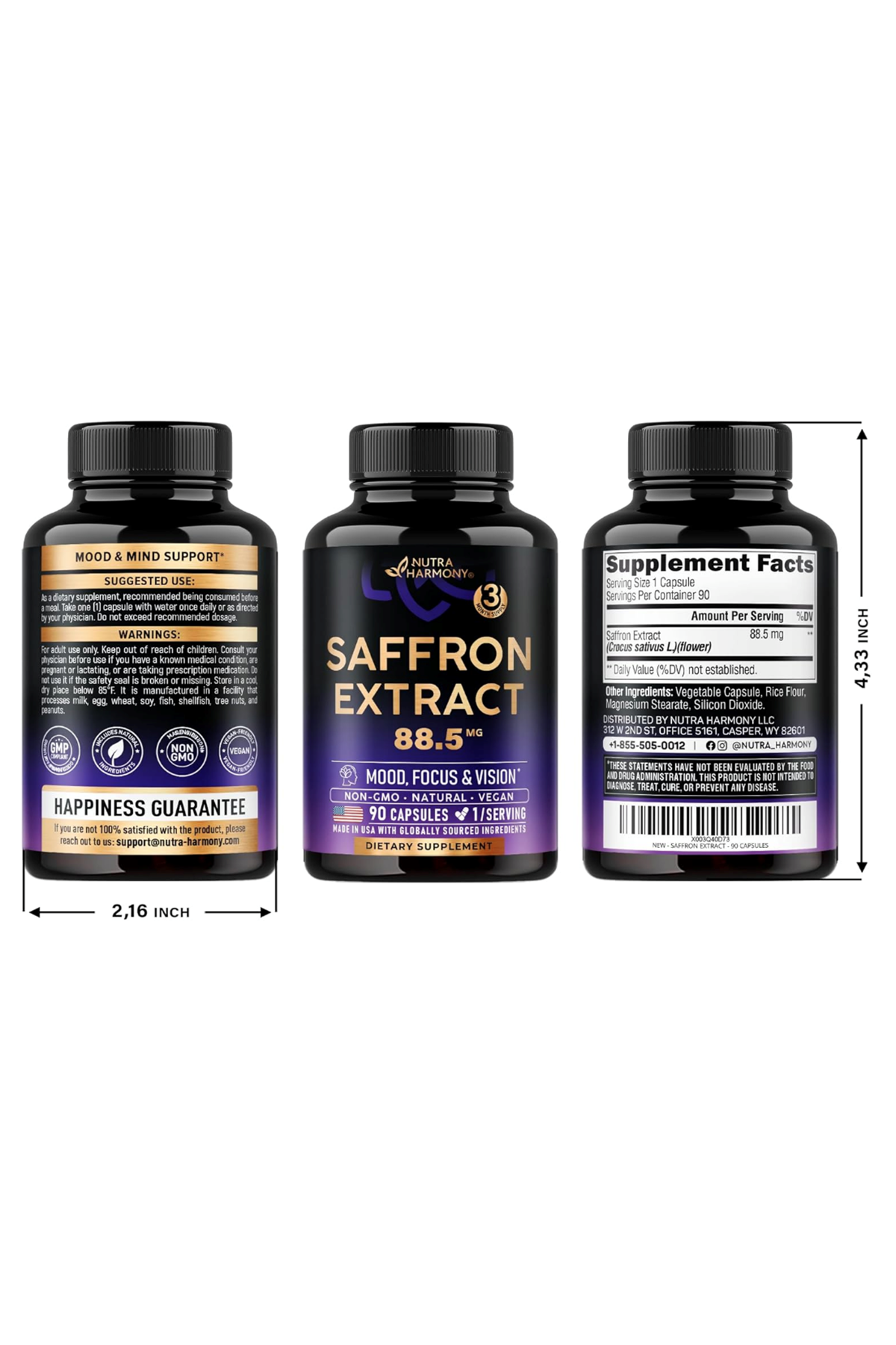 NUTRAHARMONY Saffron Extract 88.5 mg - Made in USA - Mood  Focus  Vision  Energy Support - Women & Men - NonGMO Vegan - 90  Capsules.