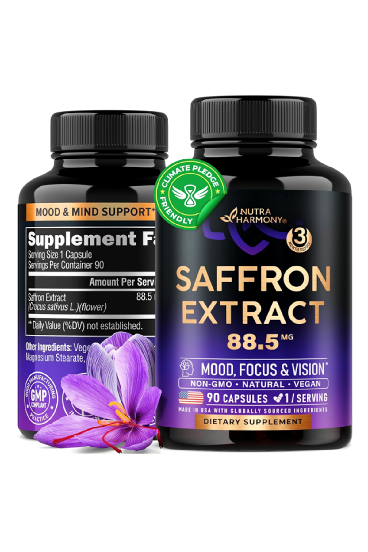 NUTRAHARMONY Saffron Extract 88.5 mg - Made in USA - Mood  Focus  Vision  Energy Support - Women & Men - NonGMO Vegan - 90  Capsules.