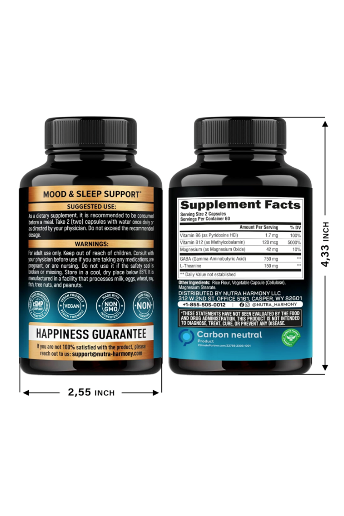NUTRAHARMONY  GA.BA L-Theanine 900mg 120 Capsul - Made in USA - Magnesium  Vitamin B6 - Calm,Sleep,Relaxation  Mood Support - Gam.ma AminoButyric Acid, L-Theanine, Vegan.50..
