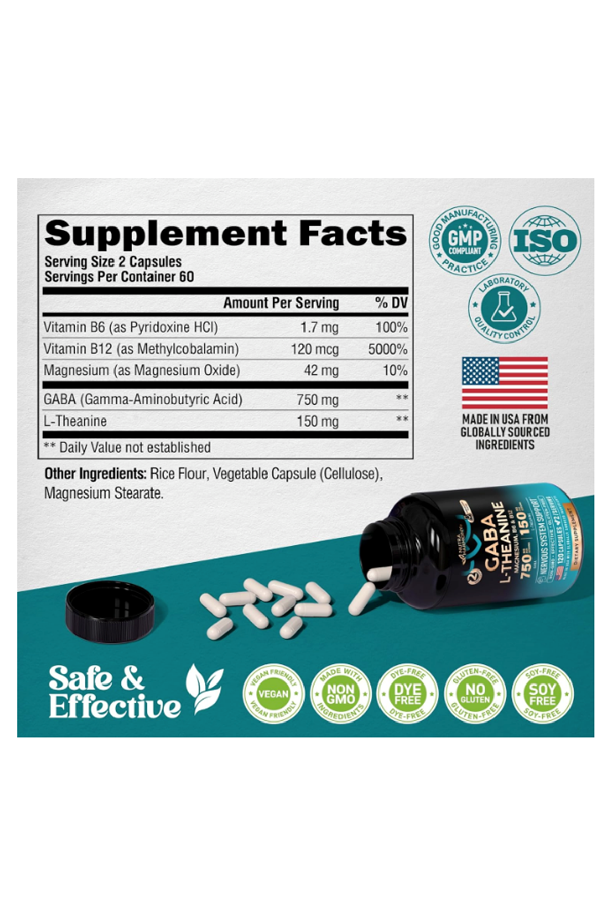 NUTRAHARMONY  GA.BA L-Theanine (ÖSG ÖZEL SPORCU GIDALARI) 900mg 120 Capsul - Made in USA - Magnesium  Vitamin B6 - Calm,Sleep,Relaxation  Mood Support - Gam.ma AminoButyric Acid, L-Theanine, Vegan.50..