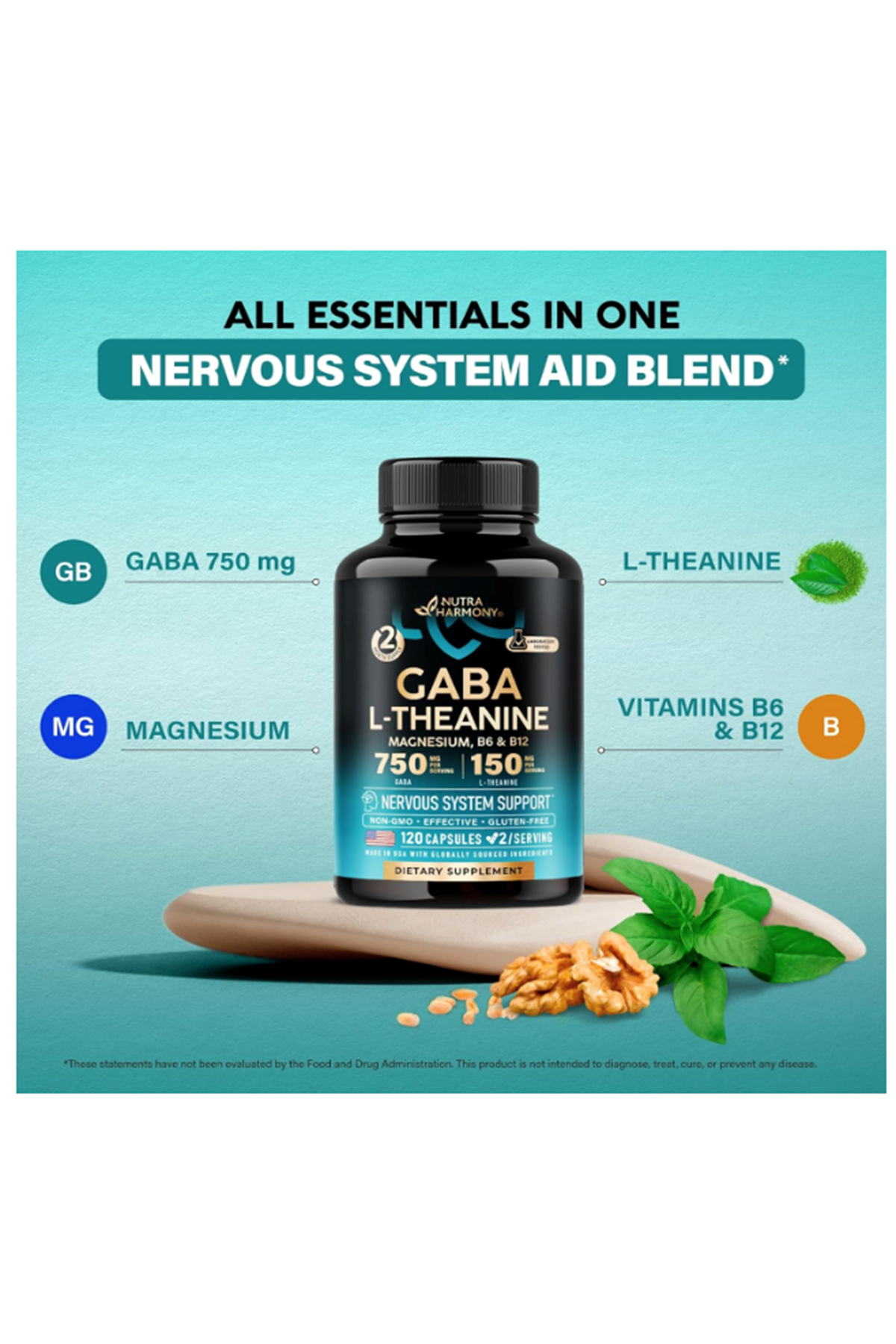 NUTRAHARMONY  GA.BA L-Theanine (ÖSG ÖZEL SPORCU GIDALARI) 900mg 120 Capsul - Made in USA - Magnesium  Vitamin B6 - Calm,Sleep,Relaxation  Mood Support - Gam.ma AminoButyric Acid, L-Theanine, Vegan.50..