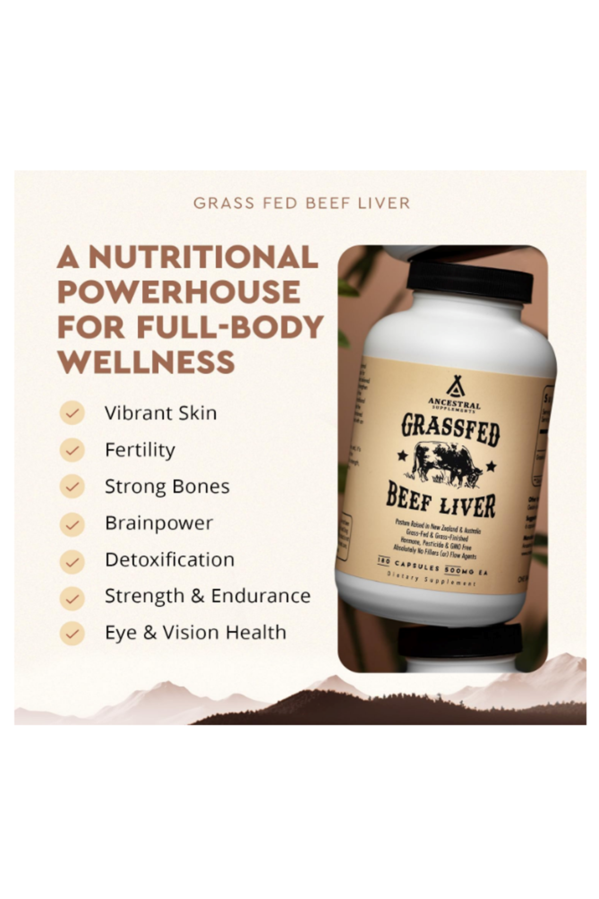 Ancestral Supplements Grass Fed Beef Liver 180 Capsul, Supports Energy Production, Detoxification, Digestion, Immunity and Full Body Wellness, Non-GMO, Freeze Dried Liver Health.65.
