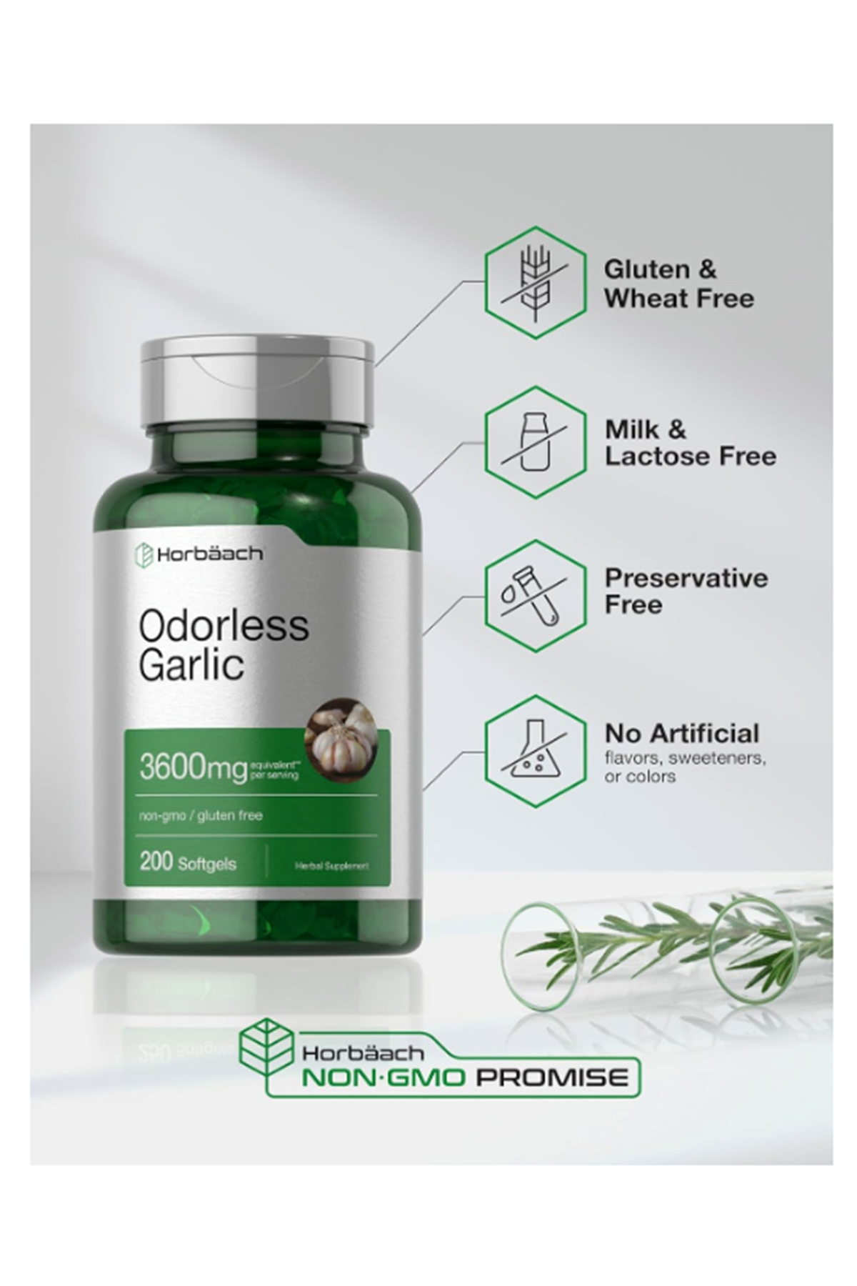 Horbäach Odorless Garlic 200 Softgels 3600mg  Ultra Potent Garlic Extract  Non-GMO & Gluten Free.