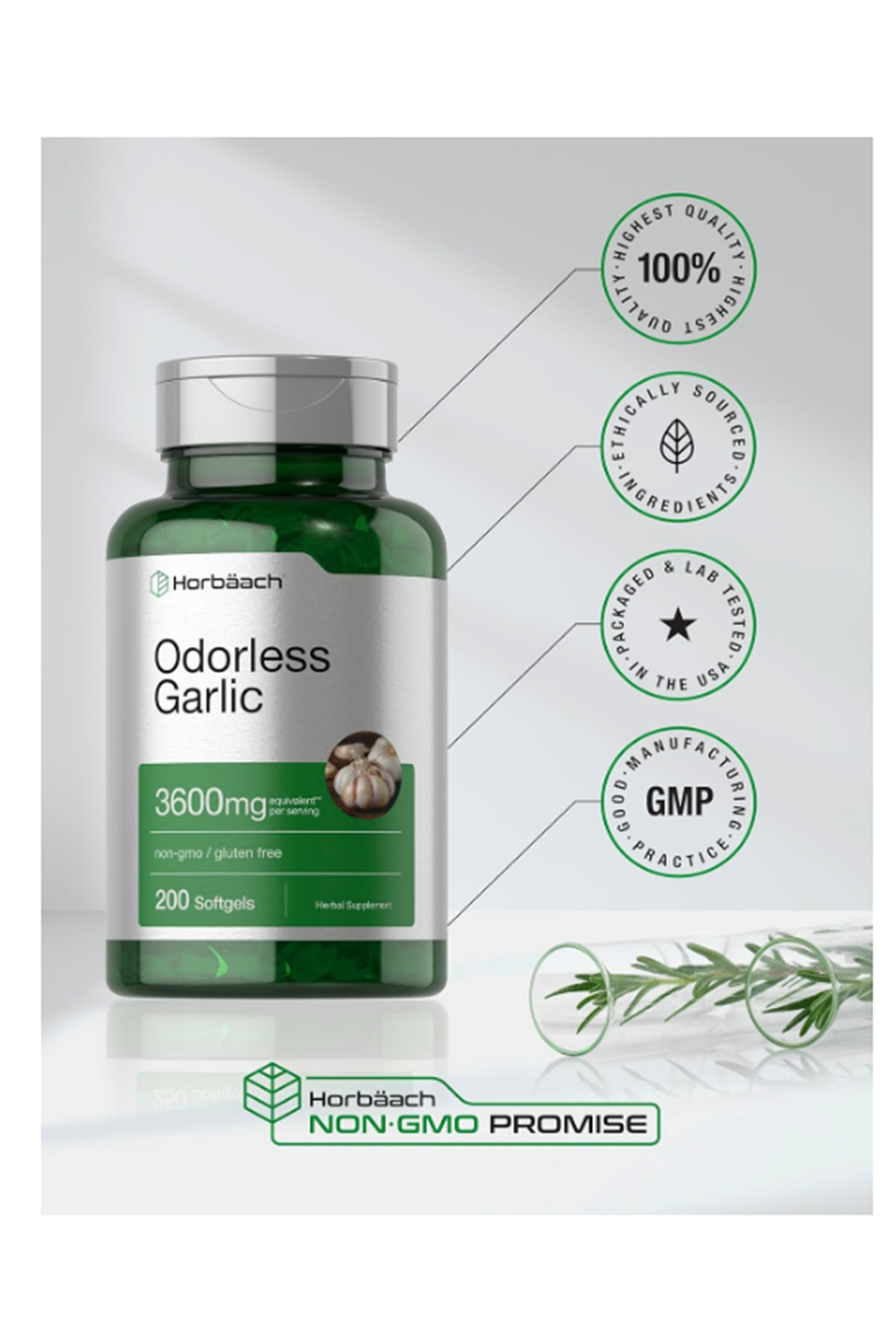 Horbäach Odorless Garlic 200 Softgels 3600mg  Ultra Potent Garlic Extract  Non-GMO & Gluten Free.