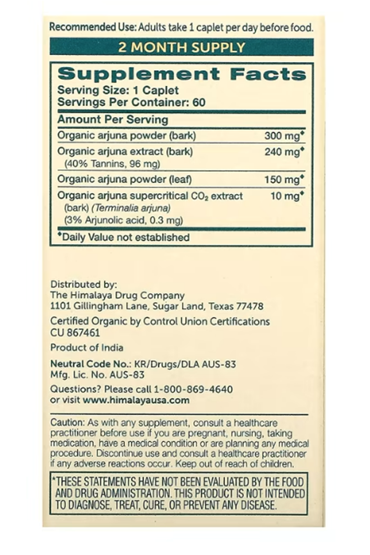 Himalaya (Özelsporcugıdaların'dan !!) Organic Arjuna, 60 Caplets.MADE IN USA.