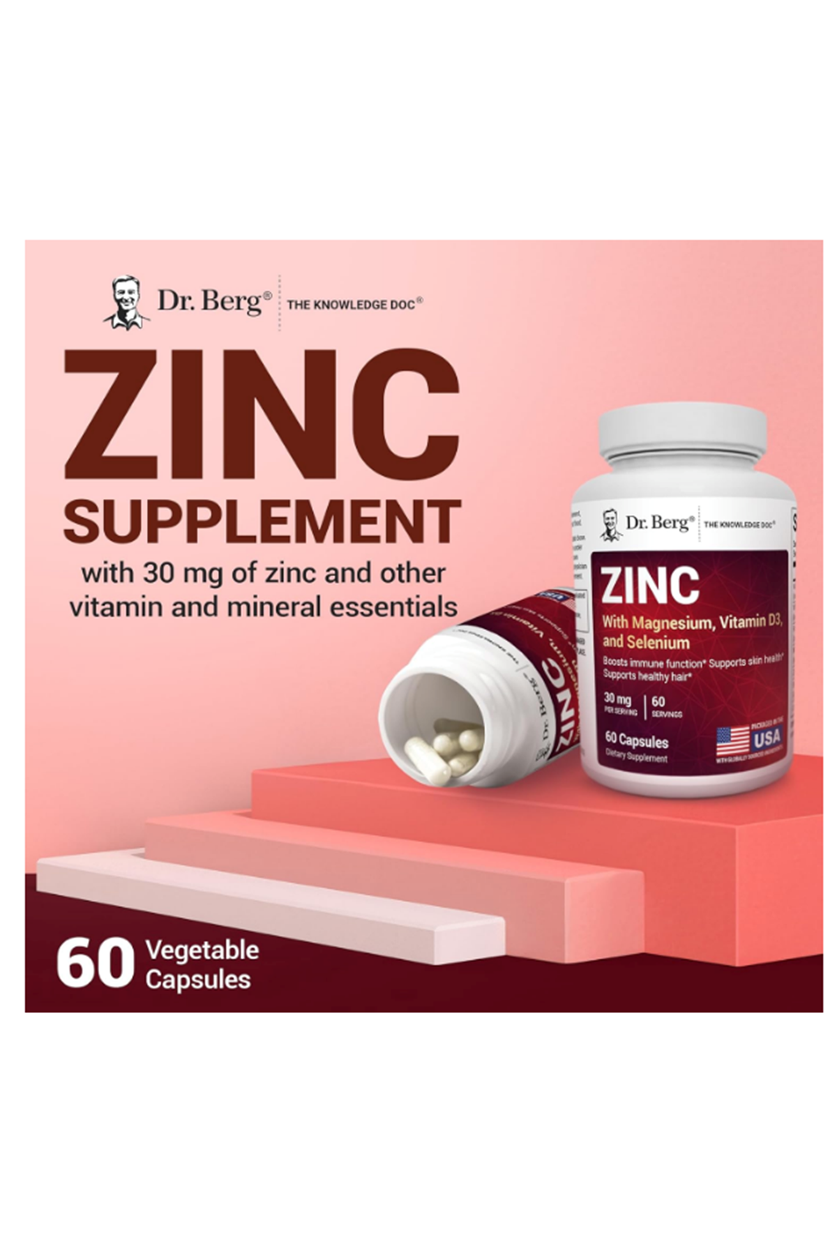 Dr. Berg Zinc 30mg  for Men & Women - Chelated Zinc for Immune, Skin, Hair, & Nails Support* - 60 Capsul.Abd Menşei.47.