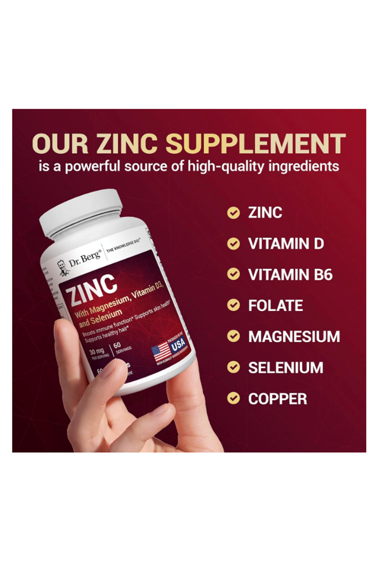 Dr. Berg Zinc 30mg  for Men & Women - Chelated Zinc for Immune, Skin, Hair, & Nails Support* - 60 Capsul.Abd Menşei.47.
