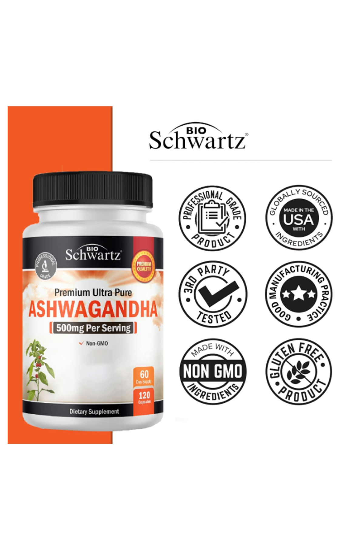 BioSchwartz  Pıremıum Ashwagandha  Ultra Pure  500mg  120 Veggie Capsul.Abd Menşei.37.