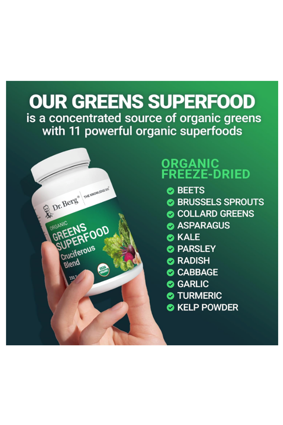 Dr. Berg   Greens Superfood Cruciferous -11 Phytonutrient- Energy, Immune System Liver Veggie - 250 Tablet.Abd Menşei.69.