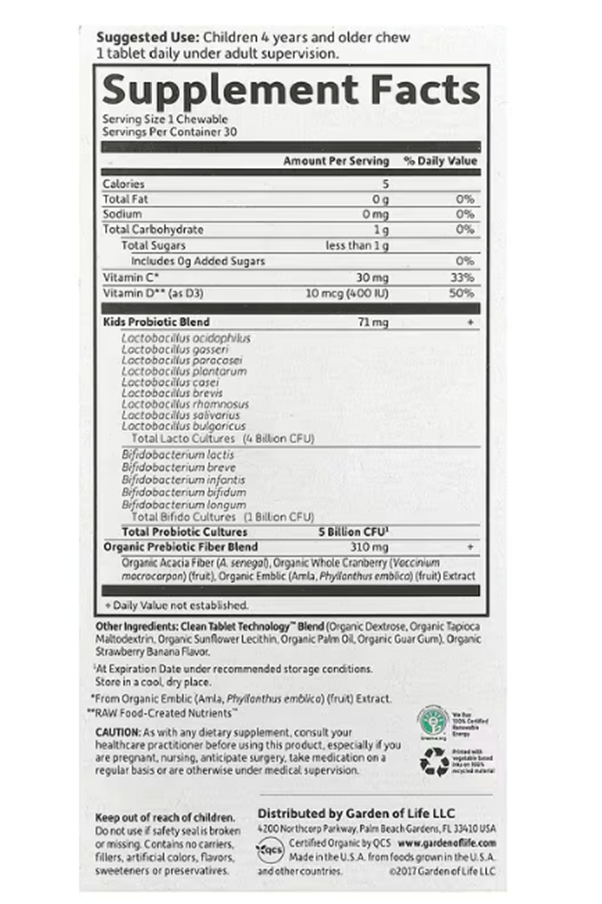 Garden of Life, Dr. Formulated Probiotics, Organic Kids + Tasty  30 Yummy Chewables.